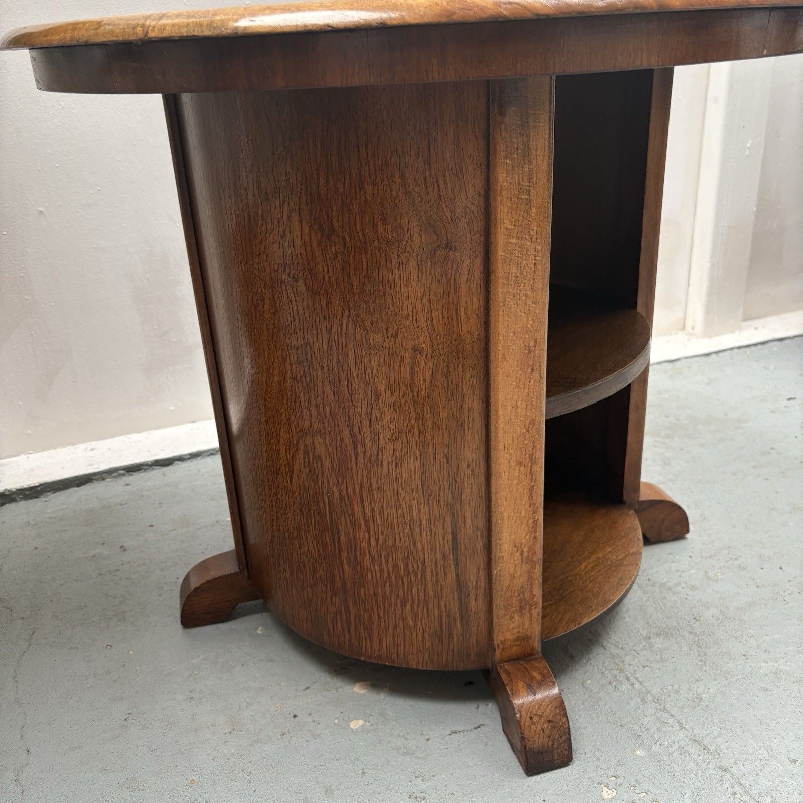 photo for sale Art Deco Matched Walnut Veneer Barrel Pedestal Coffee Side Table