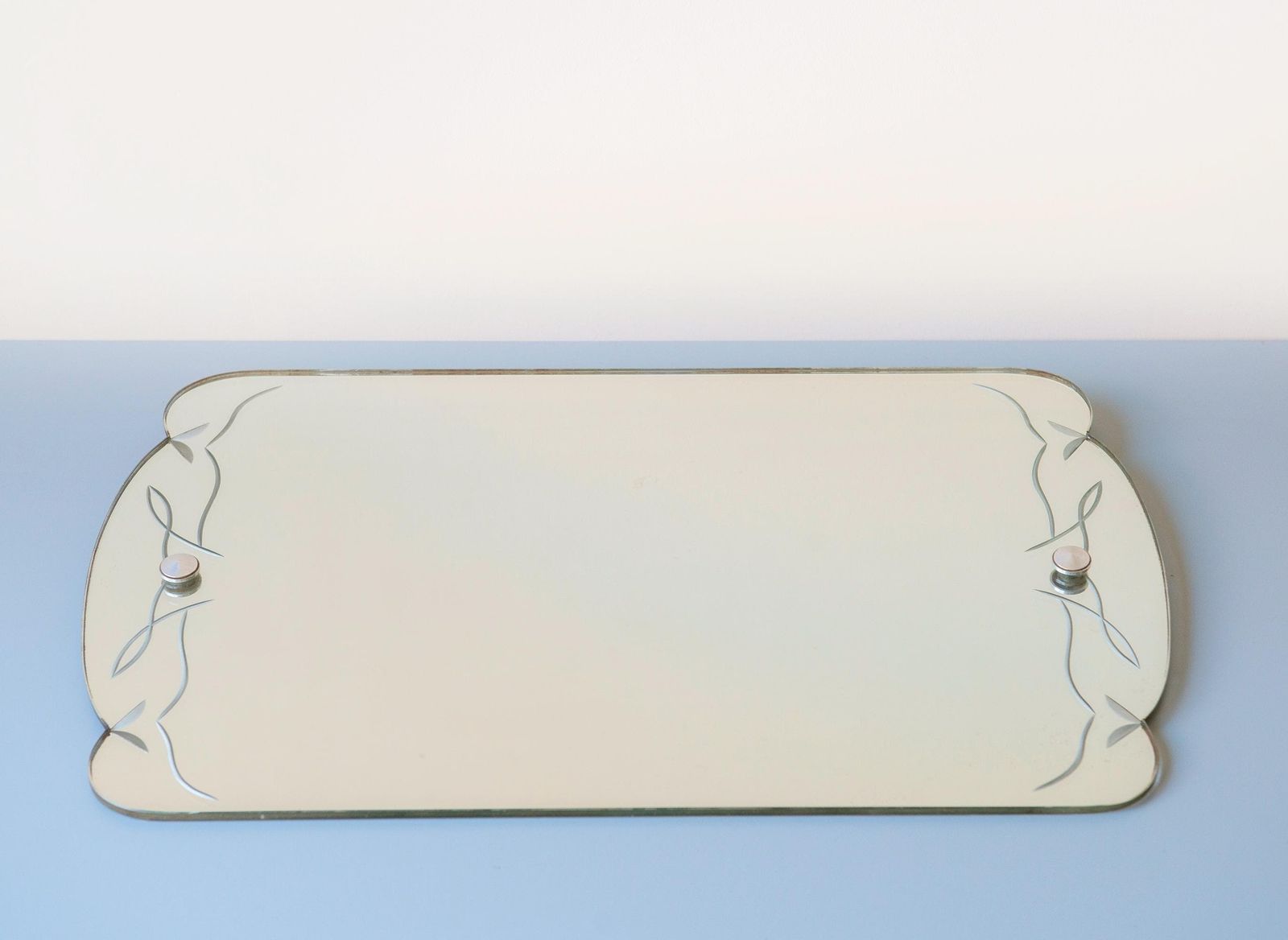 Antieke Lijst Loze Spiegel, Art Deco, Horizontale Wandspiegel, Gegraveerd Glas, Schouwspiegel, Rustieke Woondecoratie photo Woonaccessoires