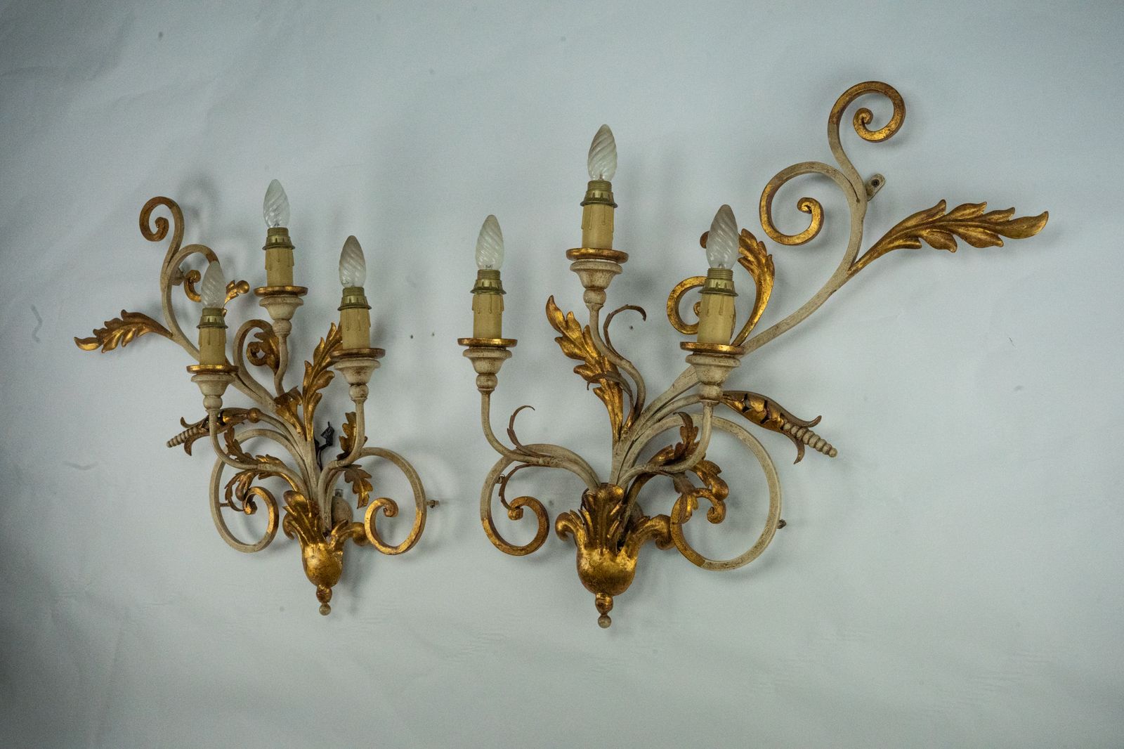 Pair Of Large Floral Wall Lamps In Gilded And Lacquered Metal. Italy 1960s photo for sale