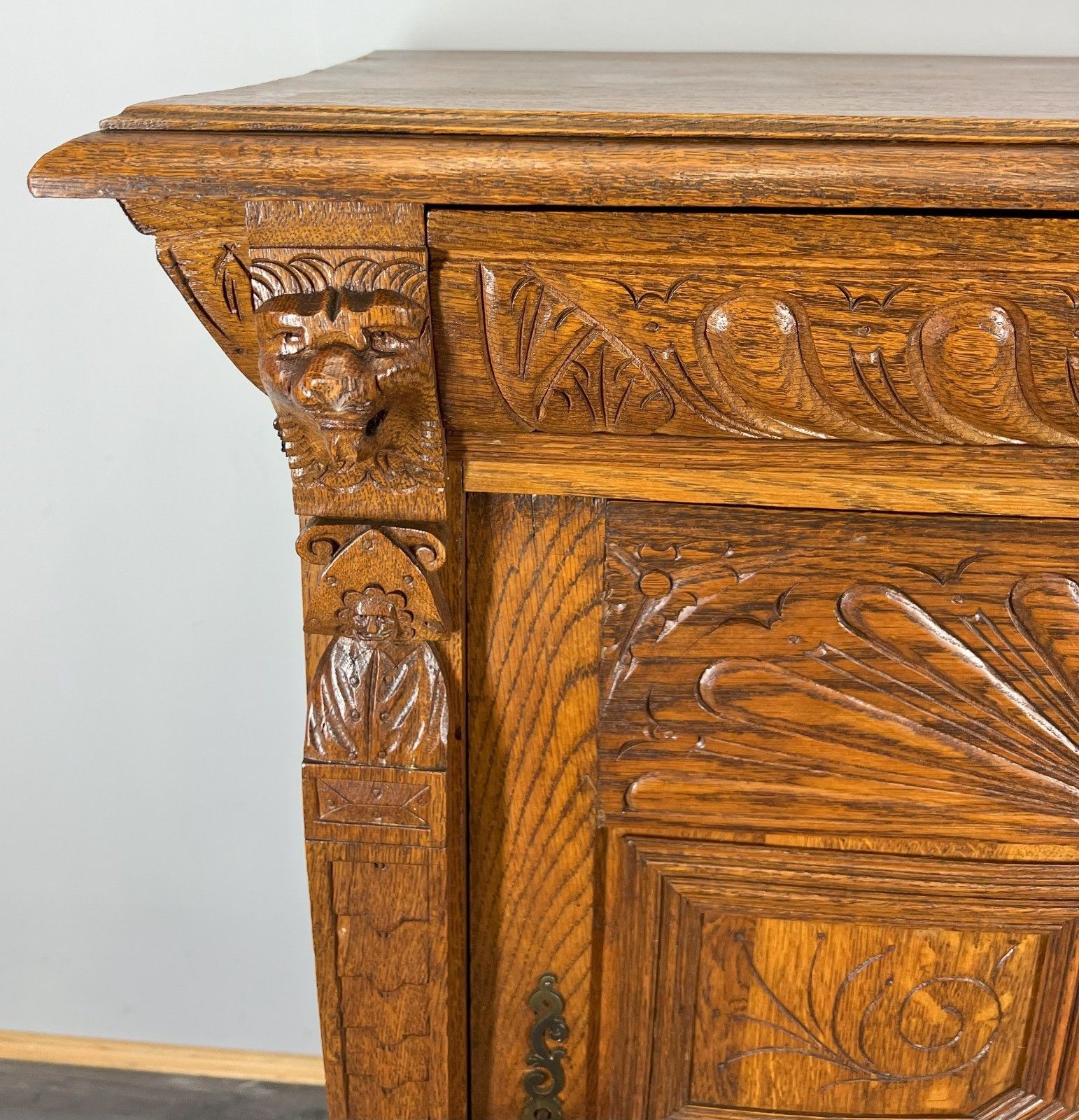 Cabinet Antique French Oak Carved Lion Mask Detail Cupboard With Key Lot 4053 photo for sale