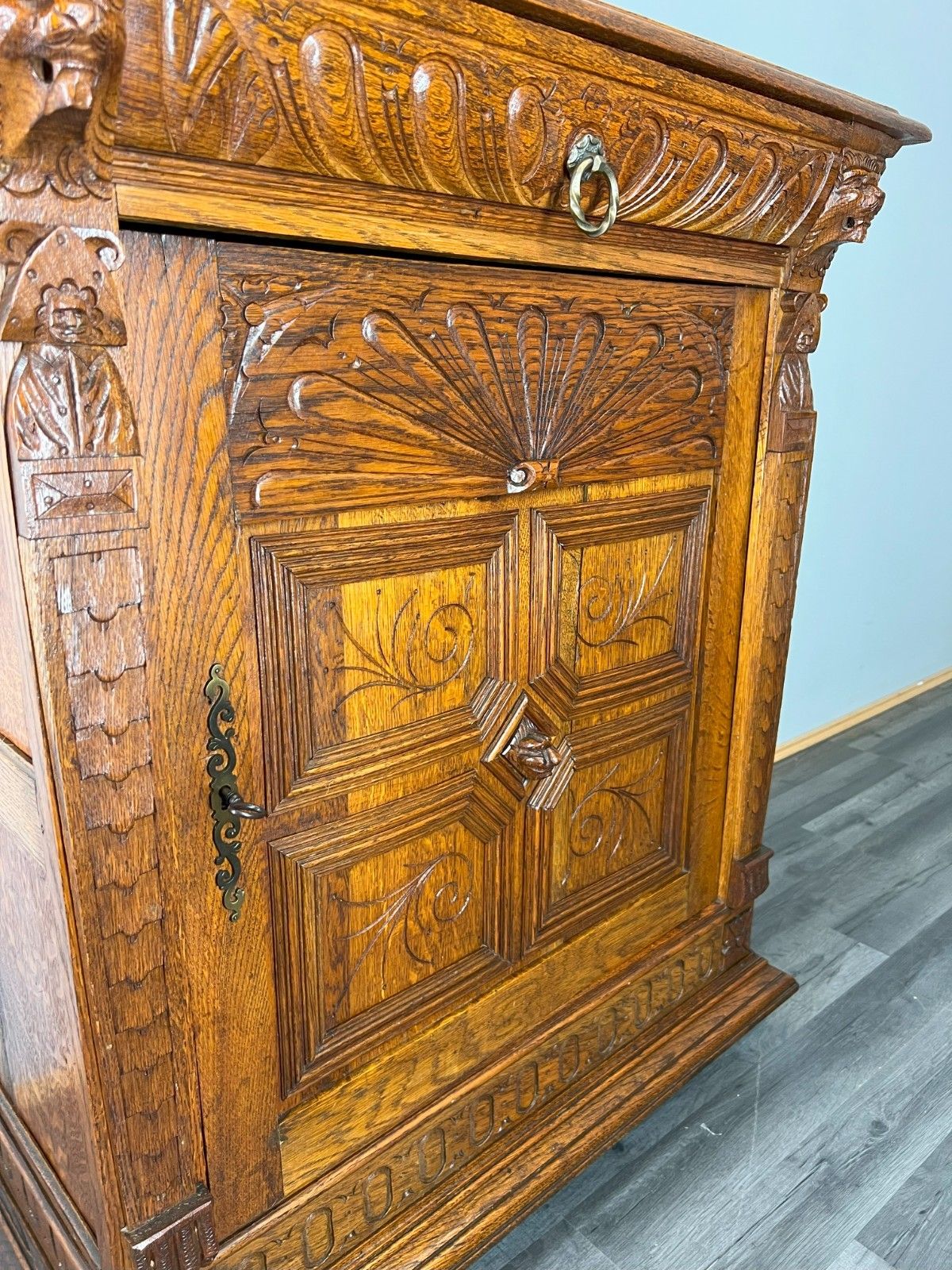 Cabinet Antique French Oak Carved Lion Mask Detail Cupboard With Key Lot 4053 photo vintage