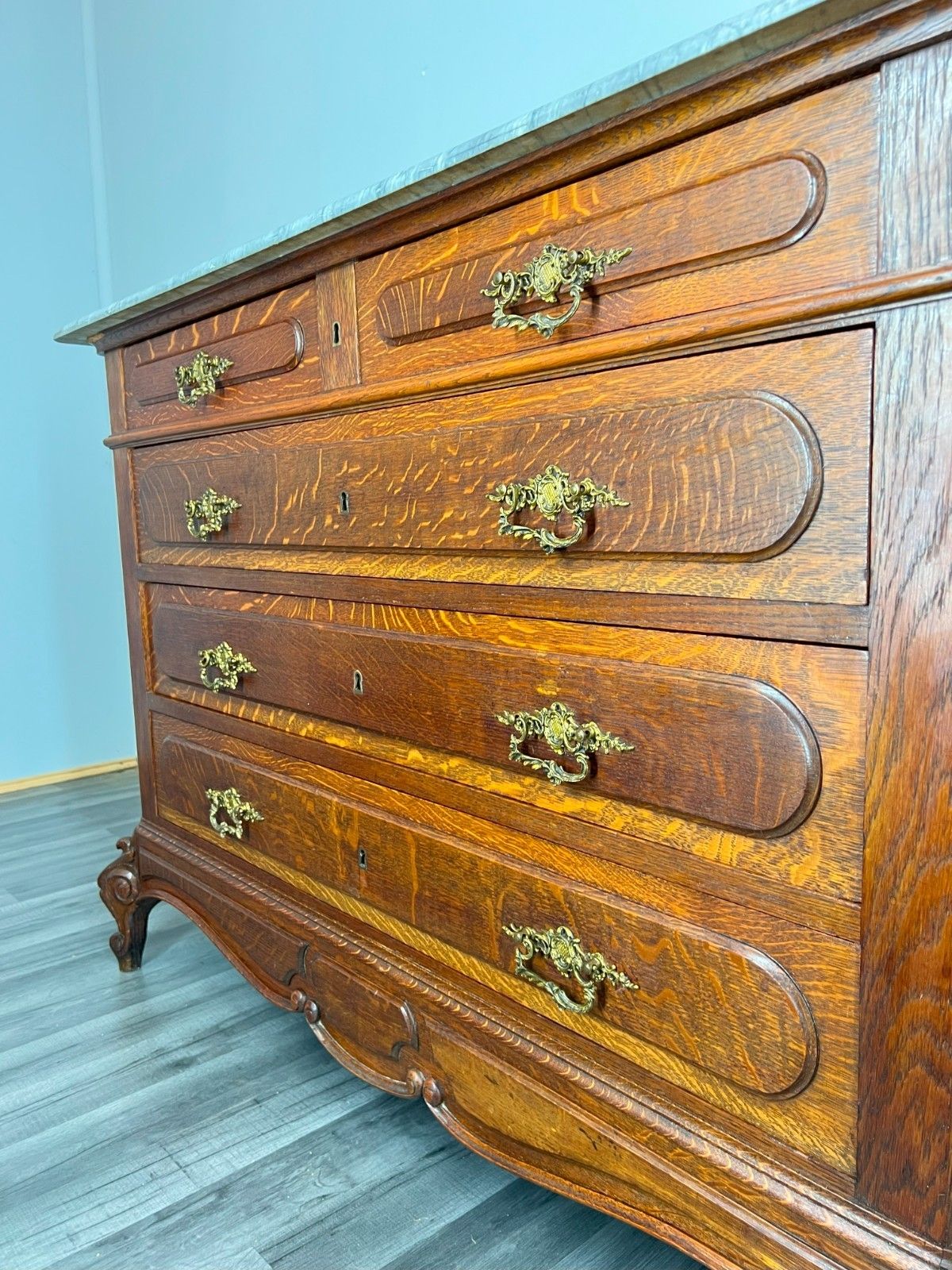 Chest Of Drawers Antique French Style Marble Top Brass Oak Cabinet Lot 4052 photo for sale