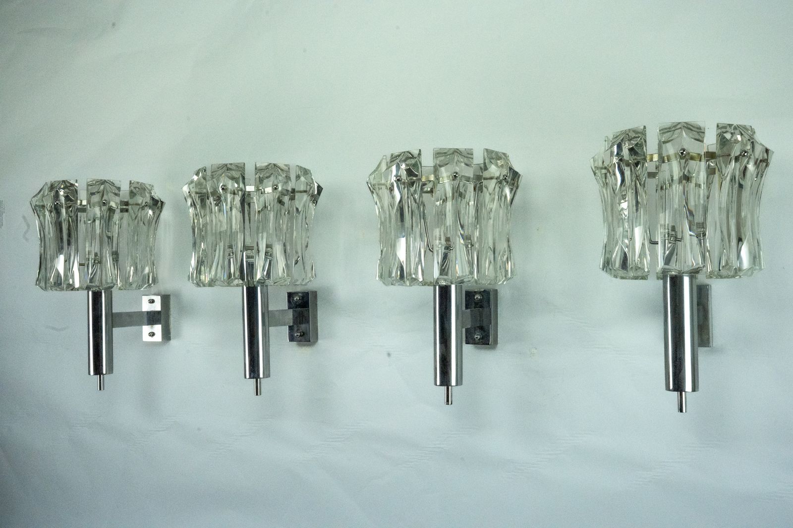 Set Of Four Large Murano Glass Elements And Chromed Brass Sconces, Italy 1960s. photo for sale