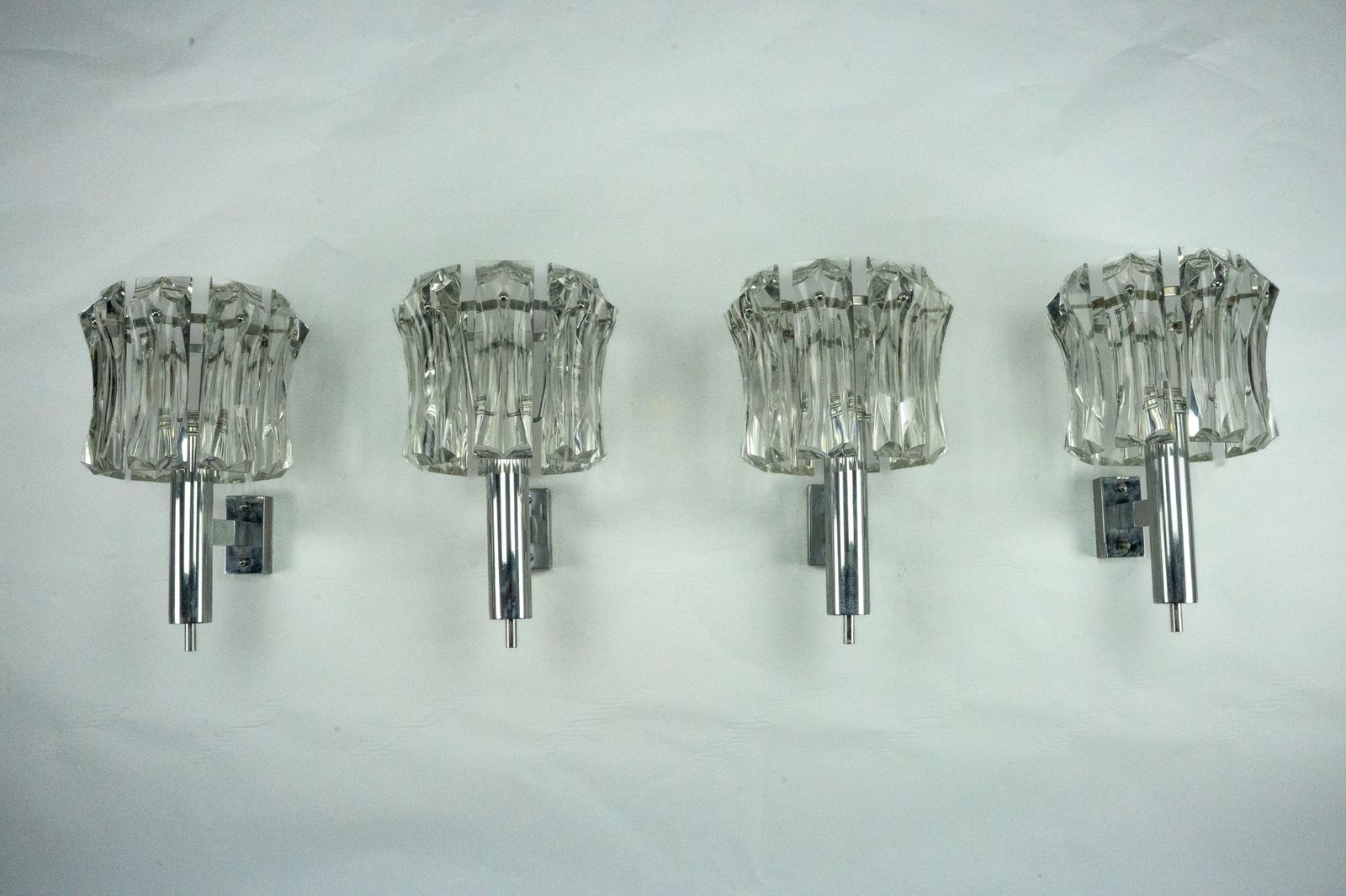 photo for sale Set Of Four Large Murano Glass Elements And Chromed Brass Sconces, Italy 1960s.