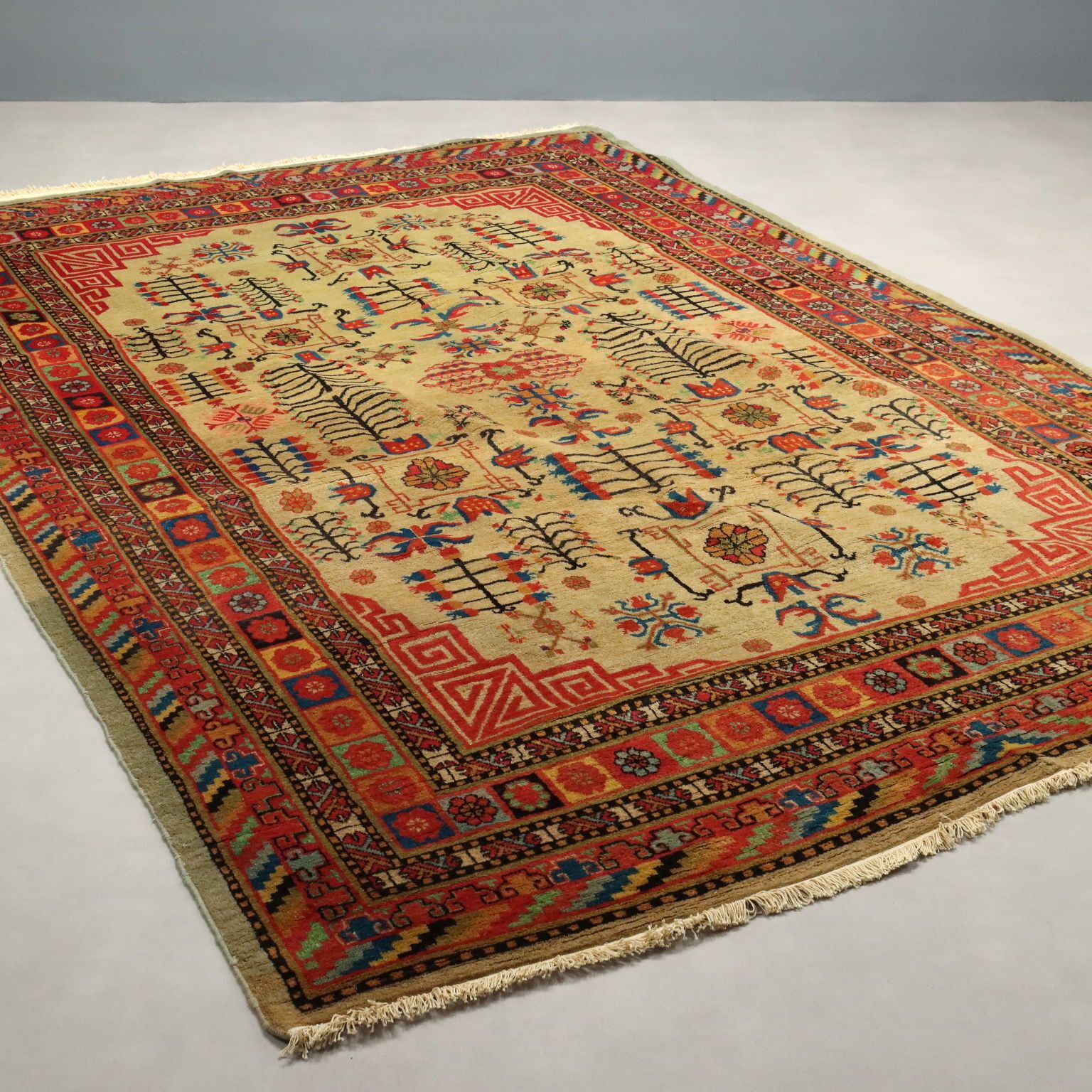 Antique Samarkanda Carpet Cotton Wool Thin Knot Uzbekistan