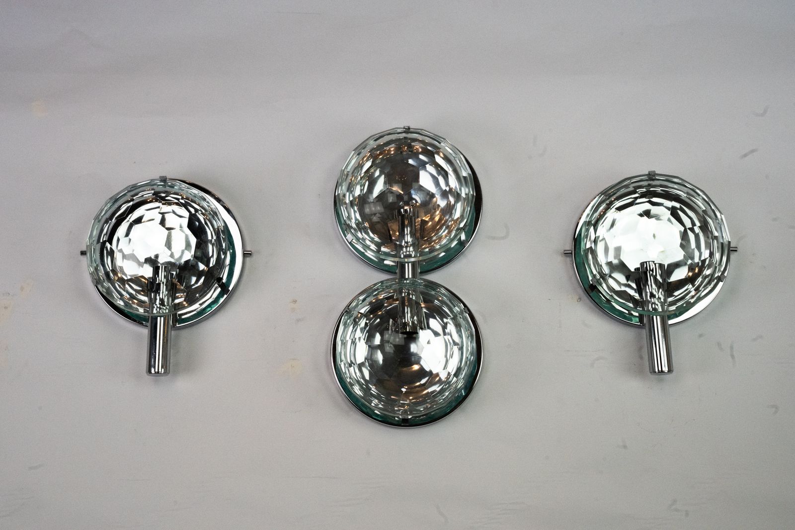 Set Of Three Cristal Art Sconces In Chrome And Cut Glass. Italy 1970s photo 5070.0