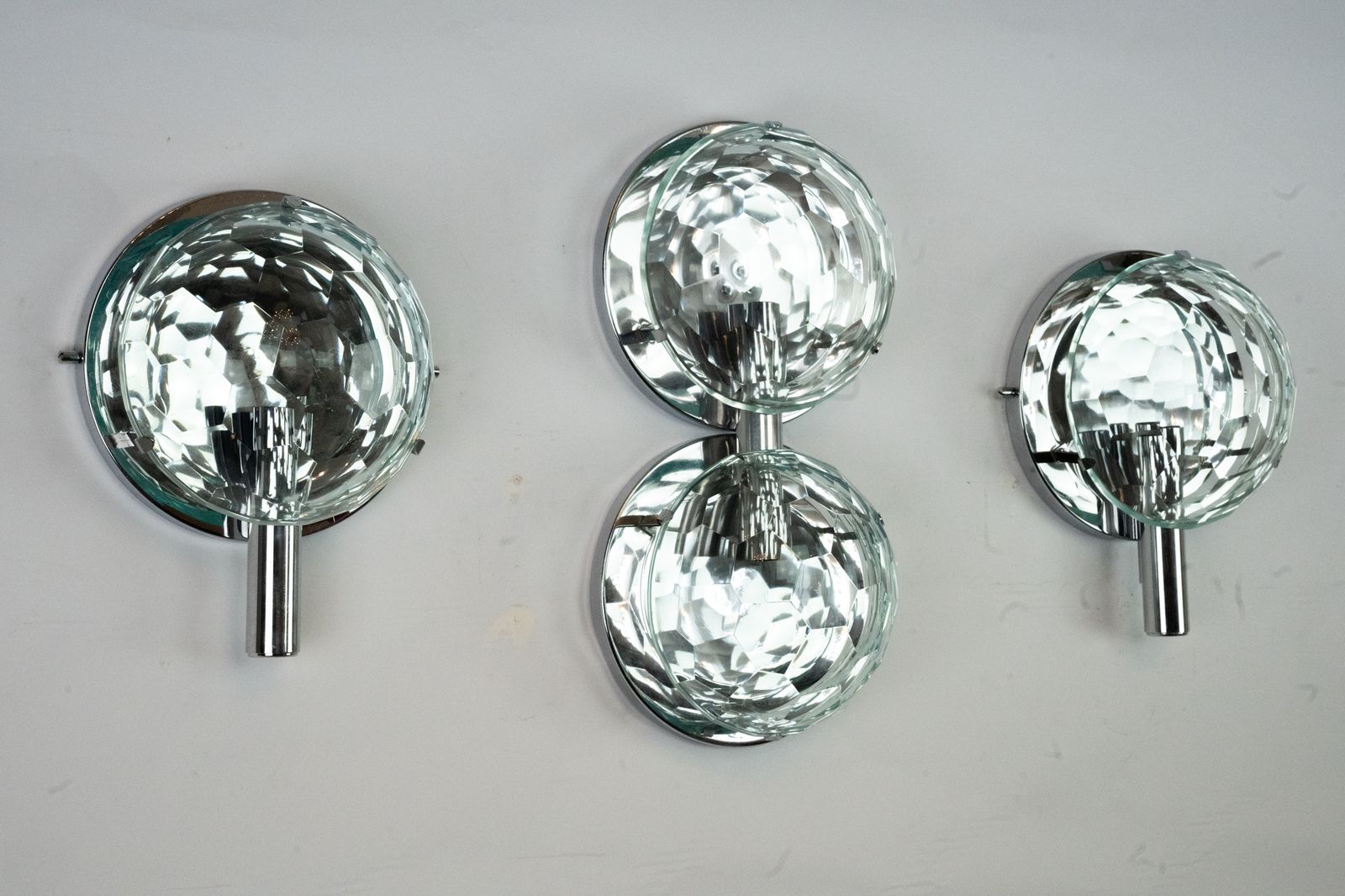 Lighting Set Of Three Cristal Art Sconces In Chrome And Cut Glass. Italy 1970s photo