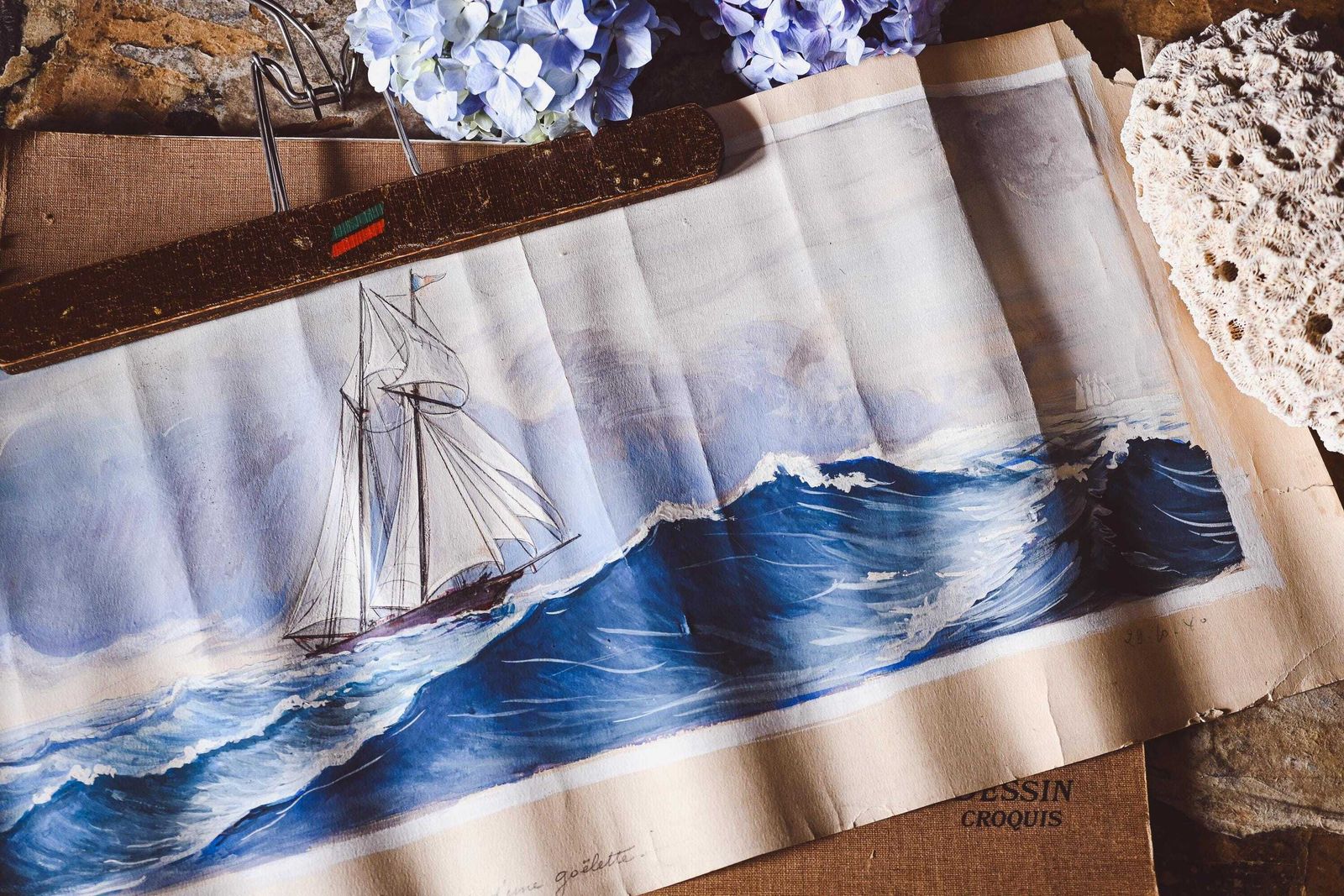 Original French Tempera Seascape: Schooner Braving Waves   Horizontal Maritime Artwork photo for sale