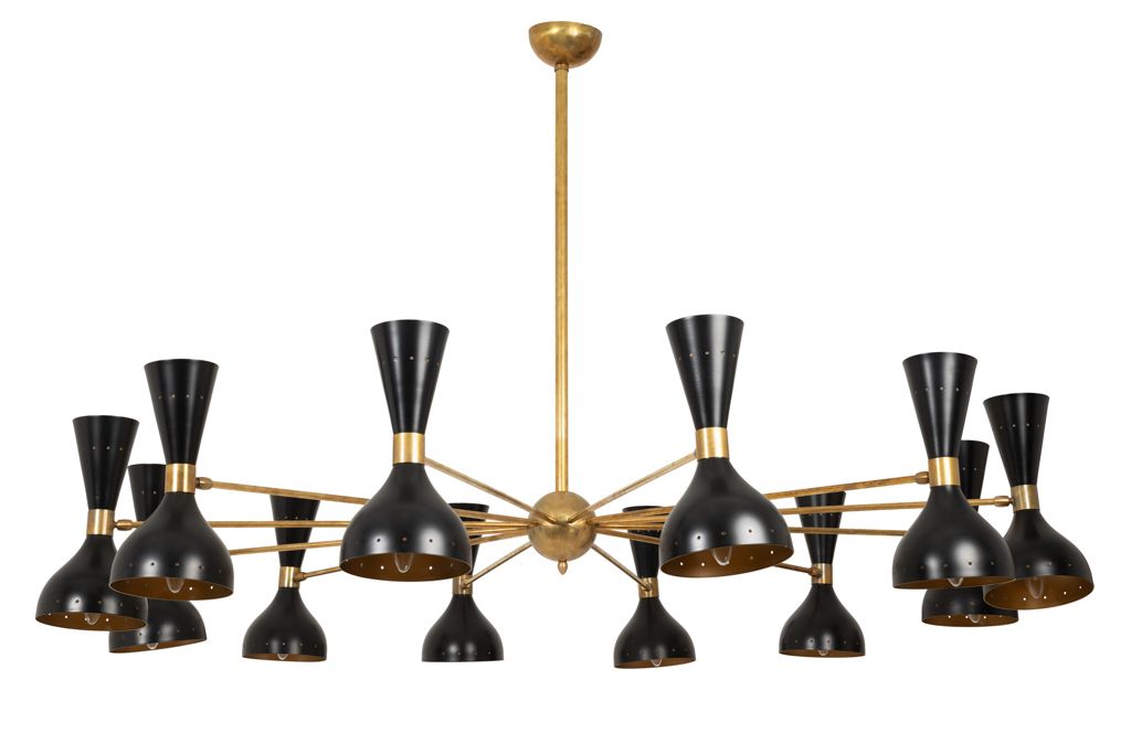 Diabolo Chandelier In Patinated Brass And Black Lacquer. Contemporary. photo for sale