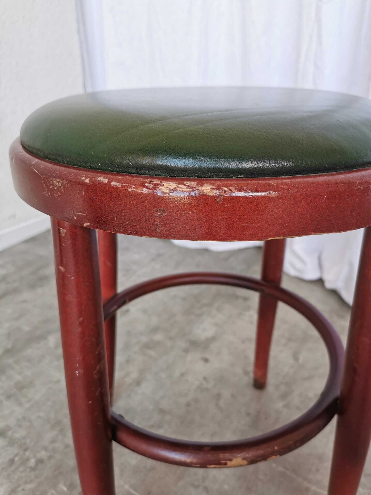 Vintage Wooden Irish Pub Stool With Green Leather Seat / 1970s / Thonet Style Small Bar Chairs With Bentwood Technique photo for sale