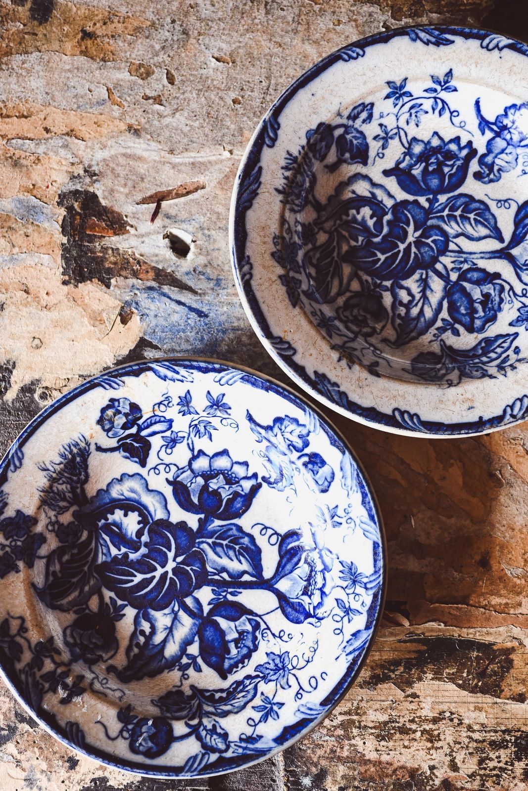 Antique Italian Blue Floral Plates With Intricate Details And Aged Patina   Antique Dining Decor photo furniture