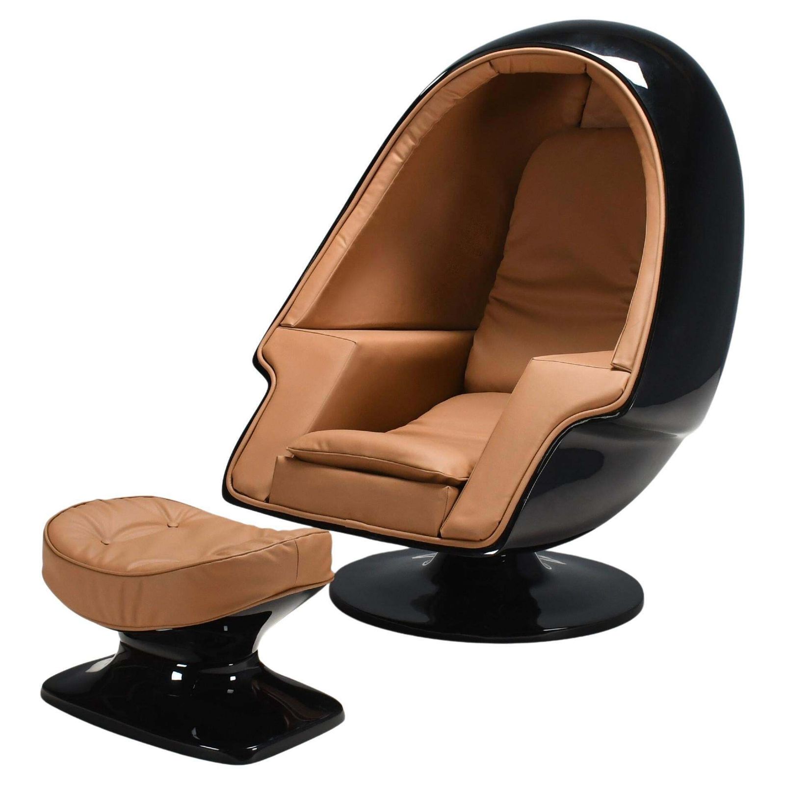 Original 1970s Lee West ‘Alpha” Stereo Egg Chair, Black Fiberglass And Leather