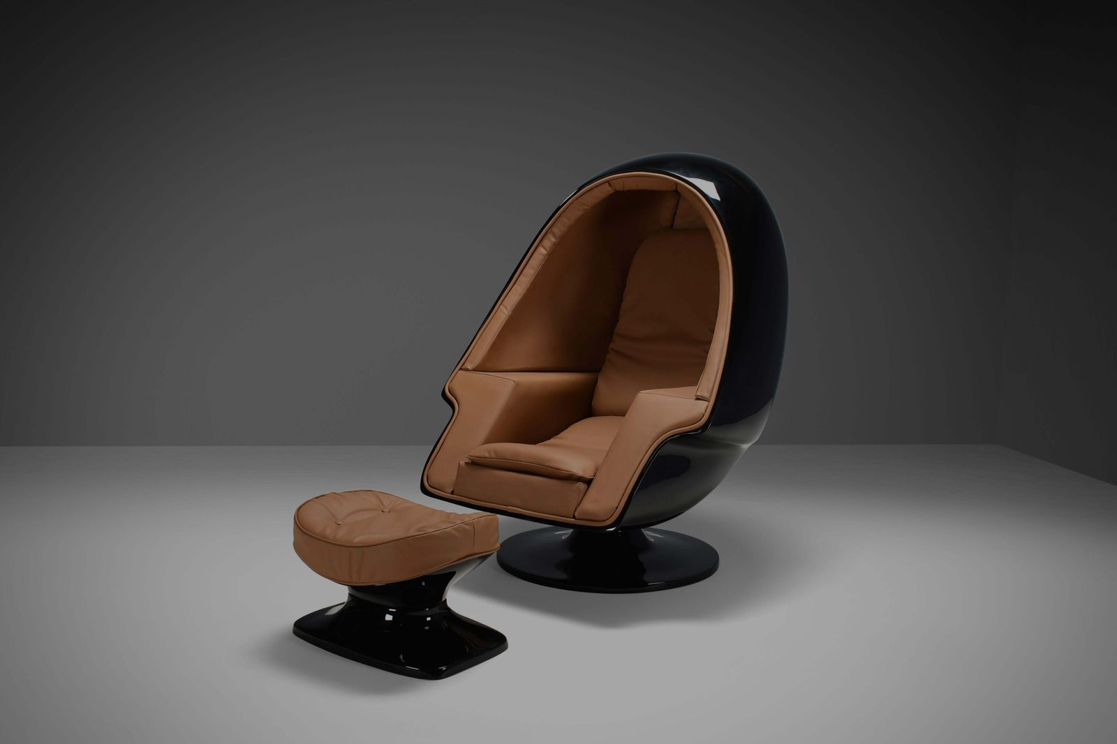 Original 1970s Lee West ‘Alpha” Stereo Egg Chair, Black Fiberglass And Leather photo furniture
