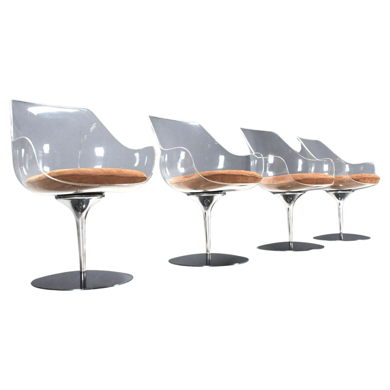 Set Of Four Champagne Chairs By Estelle & Erwine Laverne In Suede And Lucite