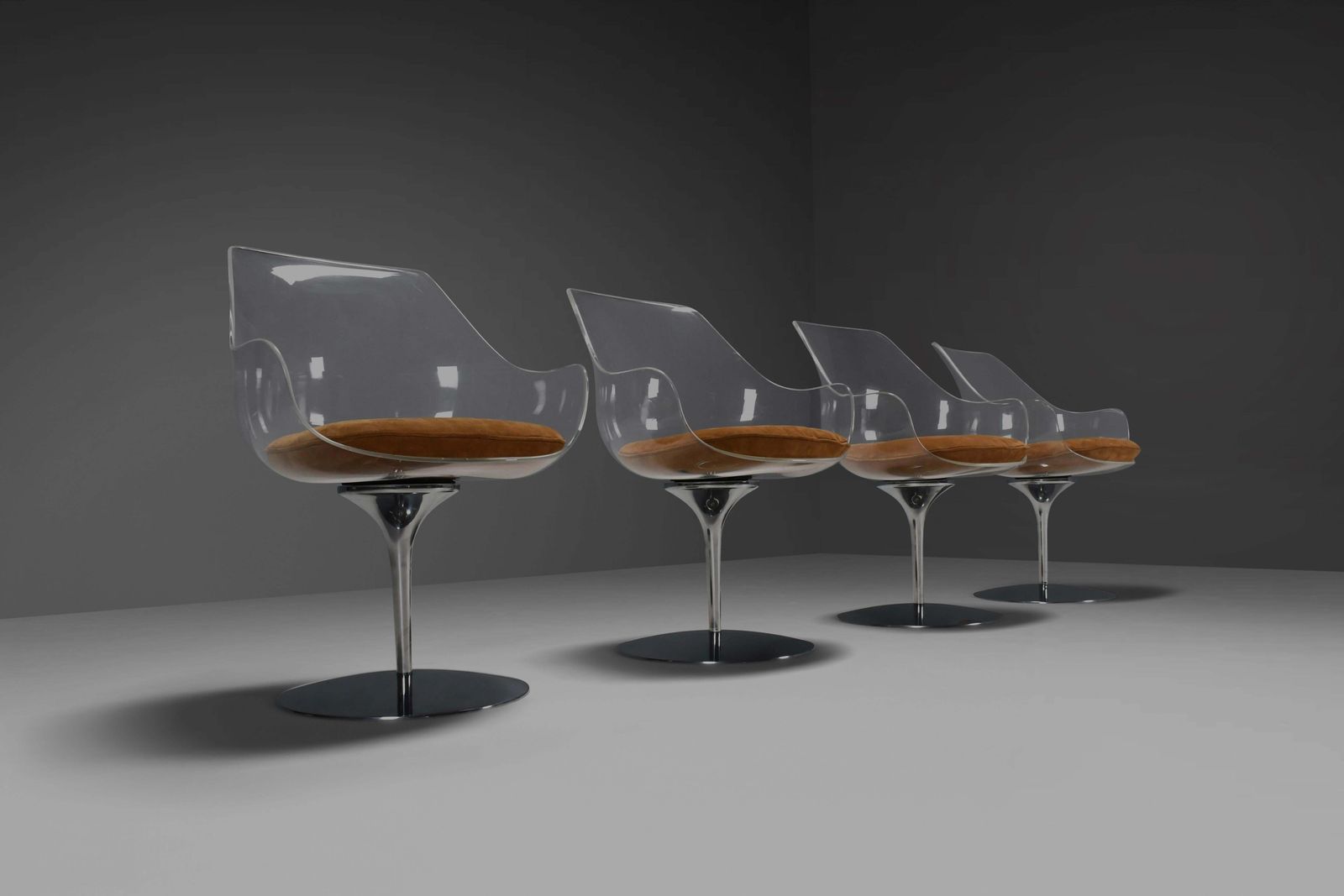 photo for sale Set Of Four Champagne Chairs By Estelle & Erwine Laverne In Suede And Lucite