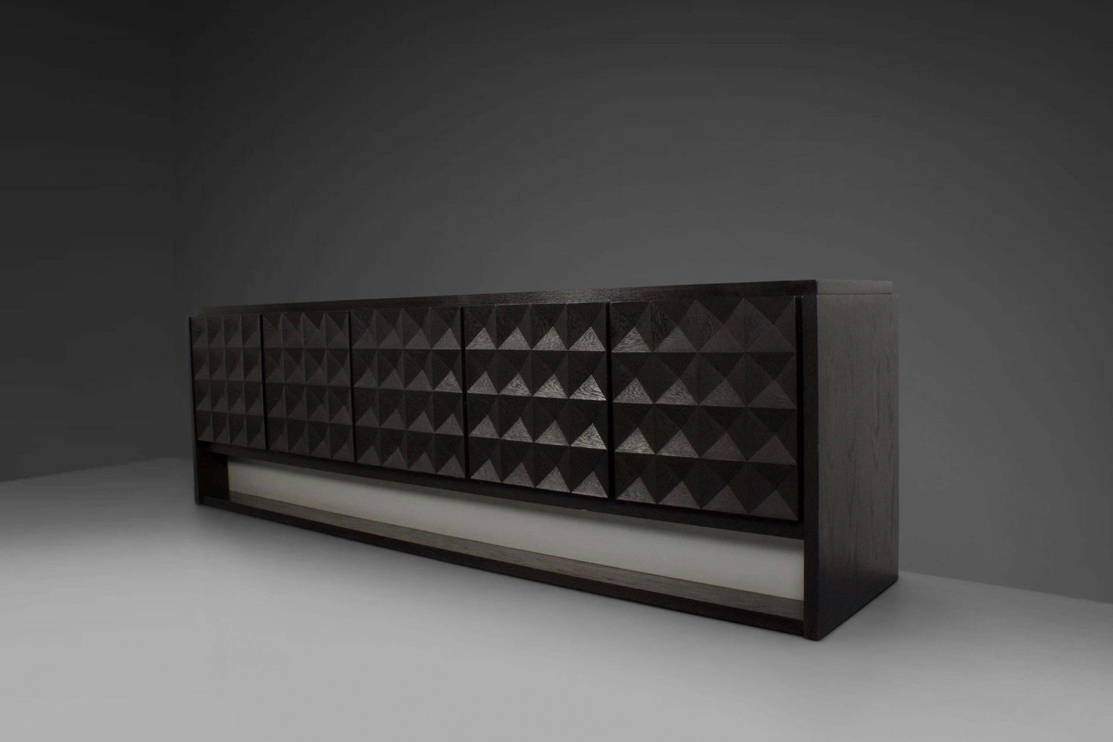 Large Brutalist Diamond Credenza In Stained Oak, Belgium, 1970s photo vinterior