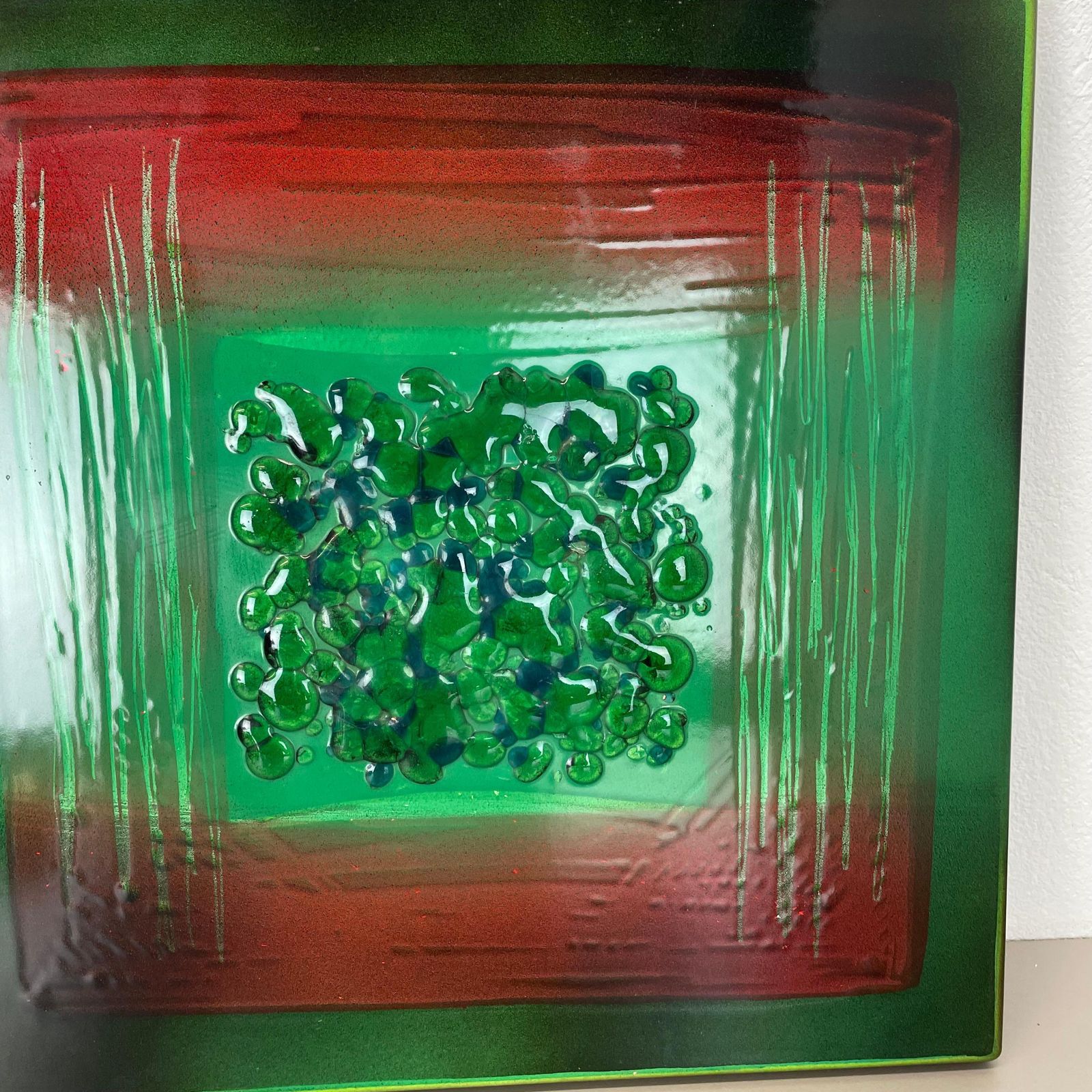 Unique Handmade Large 40x40cm West German Enamel Metal Wall Plate "Green", 1980s photo vinterior