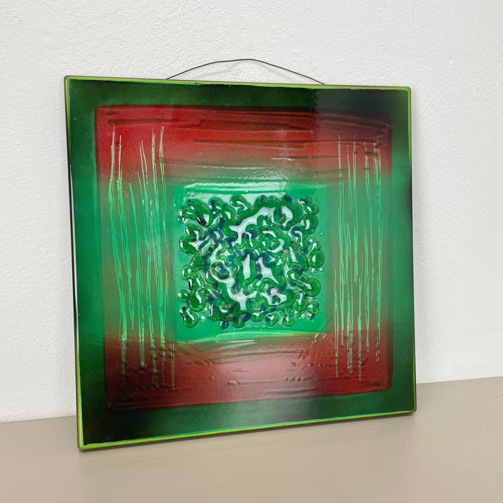 photo for sale Unique Handmade Large 40x40cm West German Enamel Metal Wall Plate "Green", 1980s