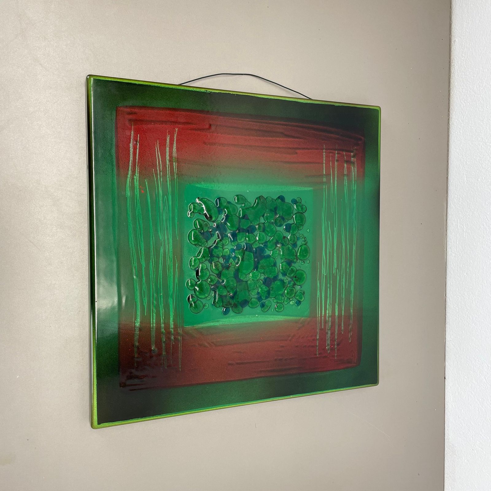 Art Unique Handmade Large 40x40cm West German Enamel Metal Wall Plate "Green", 1980s photo