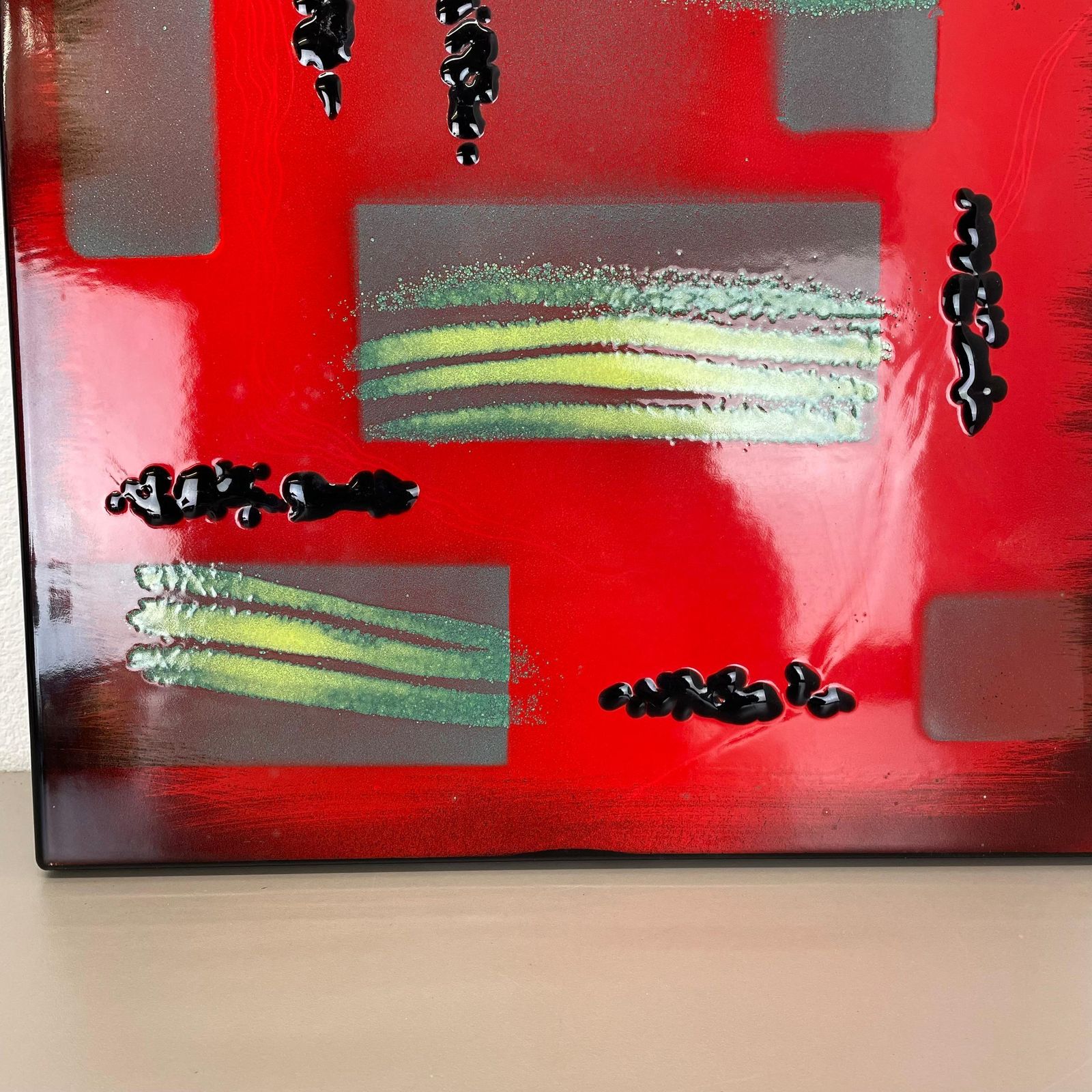 Unique Handmade Large 40x40cm West German Enamel Metal Wall Plate "Red", 1980s photo buy