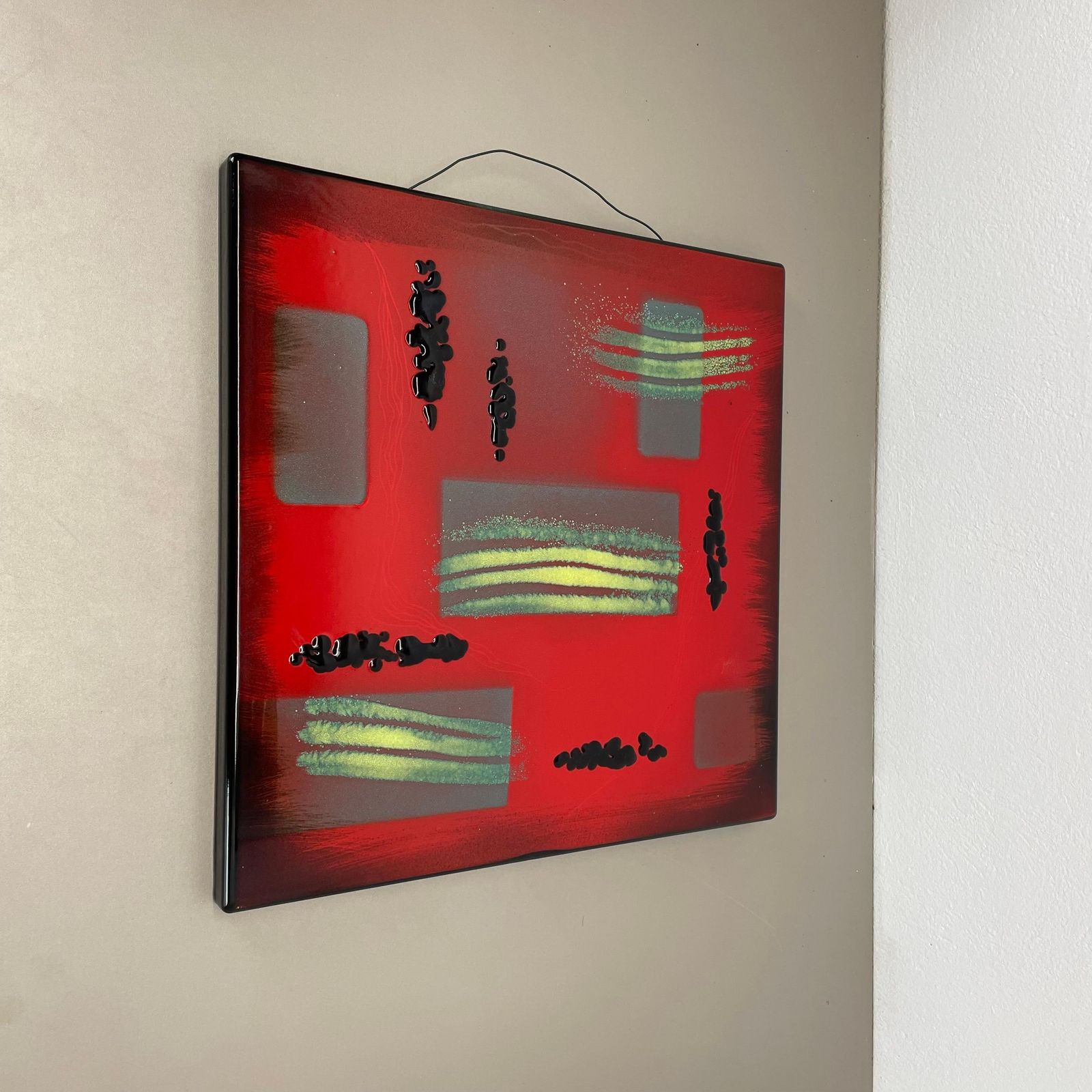 photo furniture Unique Handmade Large 40x40cm West German Enamel Metal Wall Plate "Red", 1980s