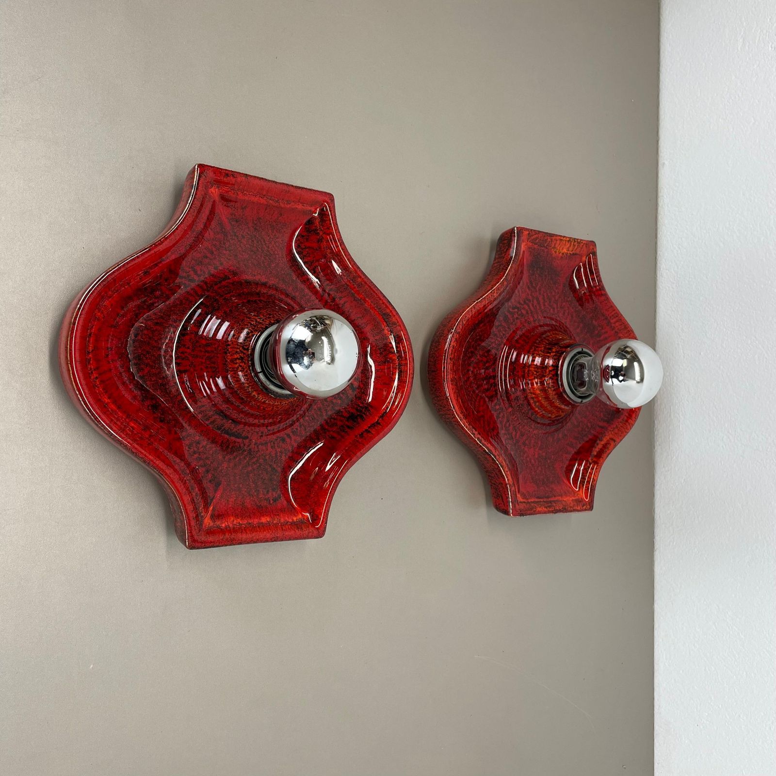 Set Of Two Red Ceramic Fat Lava Wall Lights By Hustadt Lights Germany 1970s photo furniture