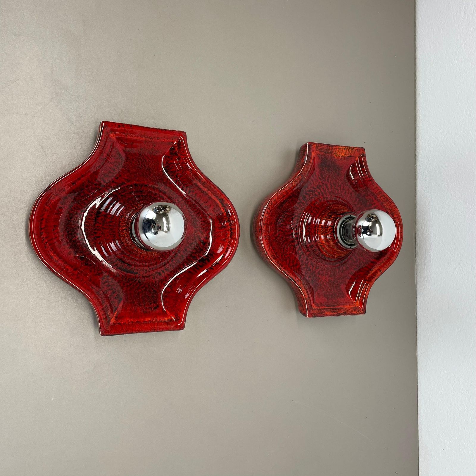 Set Of Two Red Ceramic Fat Lava Wall Lights By Hustadt Lights Germany 1970s photo for sale