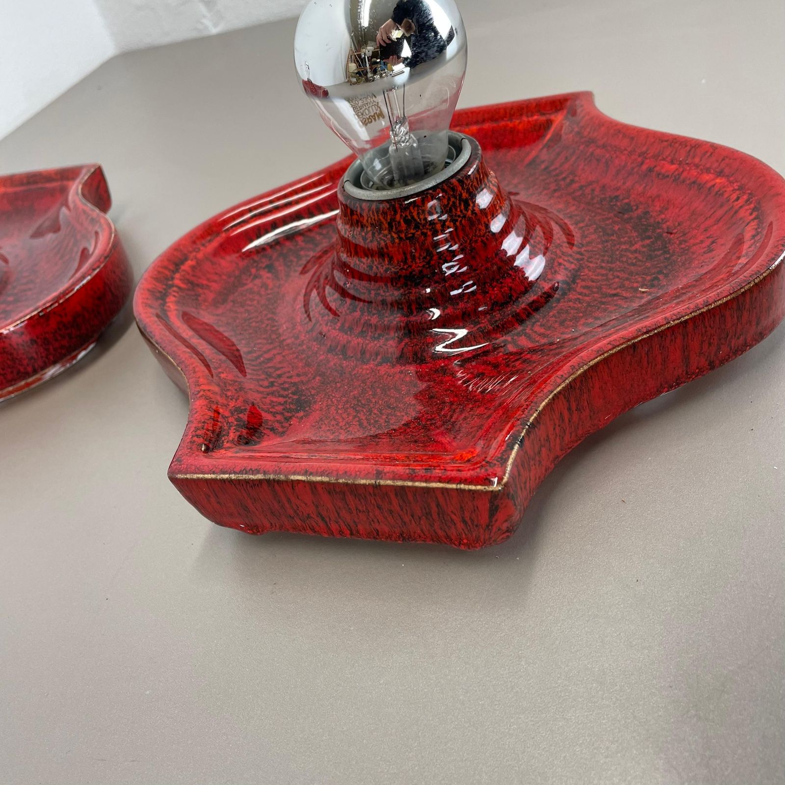 841.0 Set Of Two Red Ceramic Fat Lava Wall Lights By Hustadt Lights Germany 1970s photo
