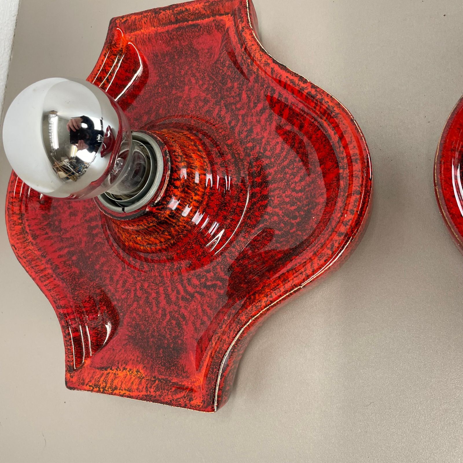 photo vintage Set Of Two Red Ceramic Fat Lava Wall Lights By Hustadt Lights Germany 1970s