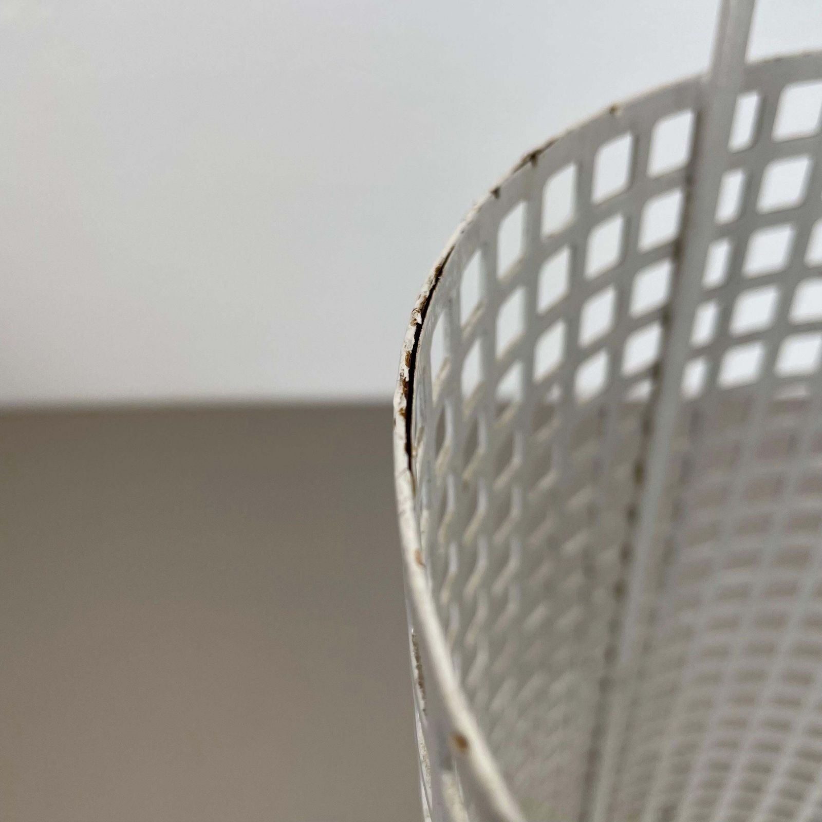 photo furniture Original Mategot Style Perforated White Metal Umbrella Stand, France, 1970s