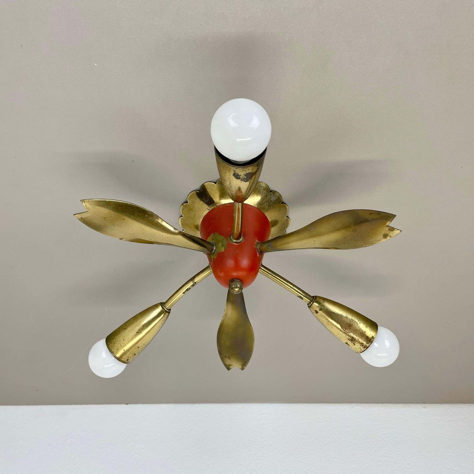 Unique 35cm Solid Brass Gino Sarfatti Style Ceiling Light Flushmount, Italy 1950 photo for sale