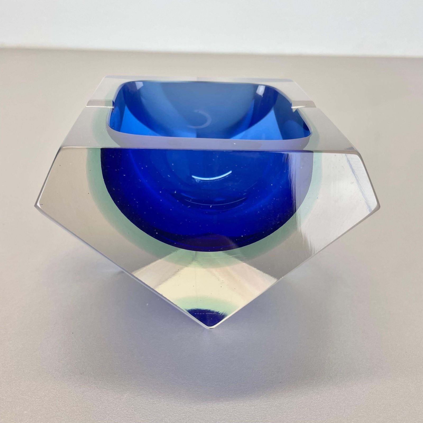Xl 1.7kg Murano Glass Sommerso "Diamond" Bowl Ashtray By Flavio Poli Italy, 1970 photo vintage