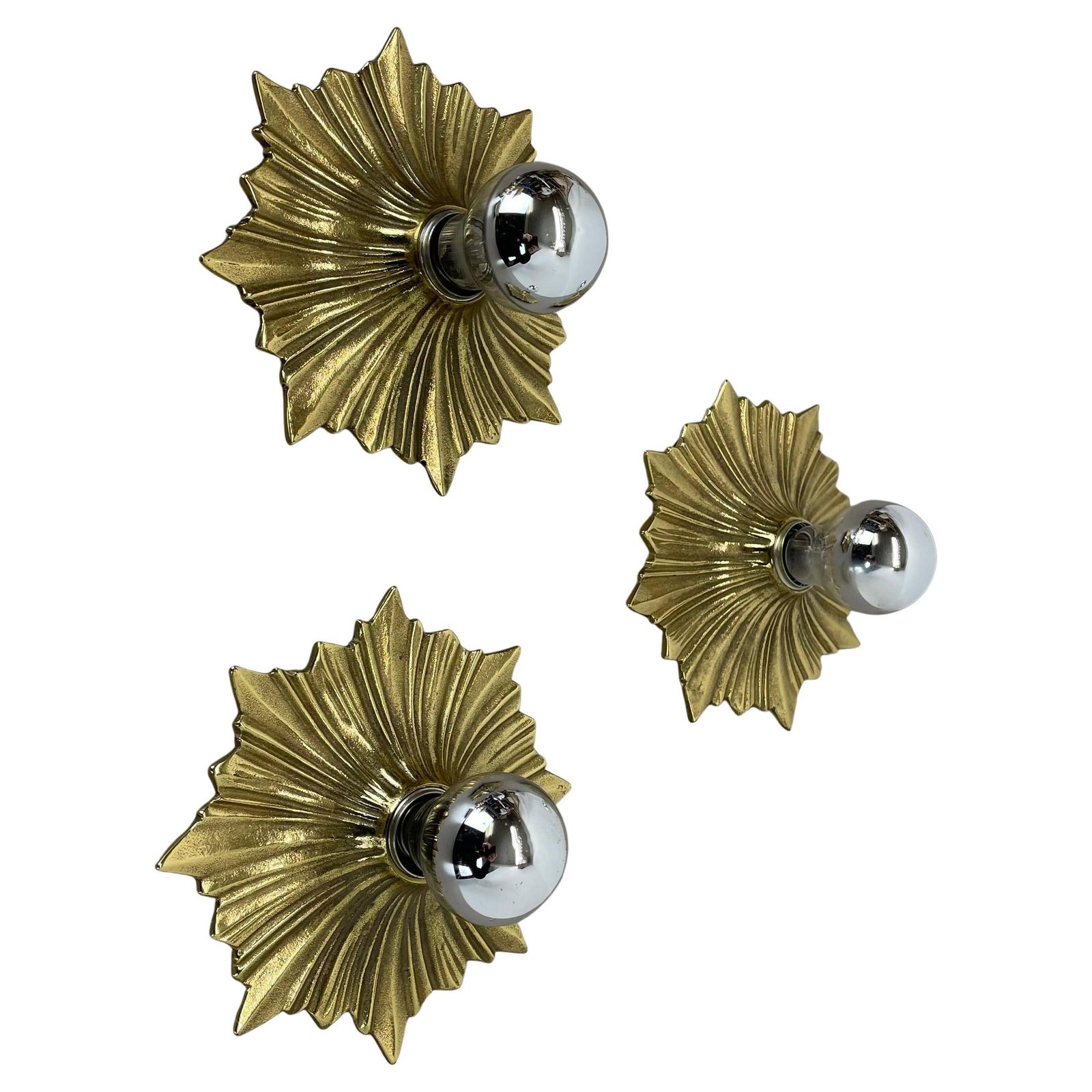 Set Of Three Brutalist Bronze Sunburst Wall Ceiling Light Sconces, Italy 1950s