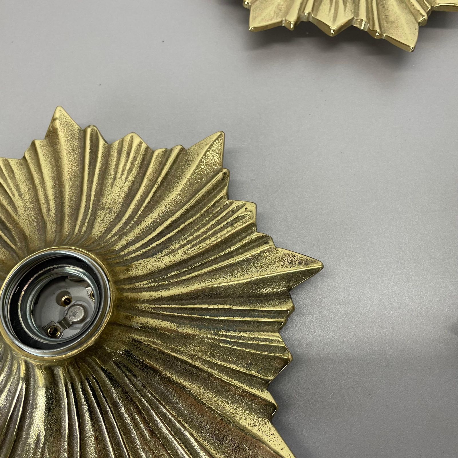 photo for sale Set Of Three Brutalist Bronze Sunburst Wall Ceiling Light Sconces, Italy 1950s