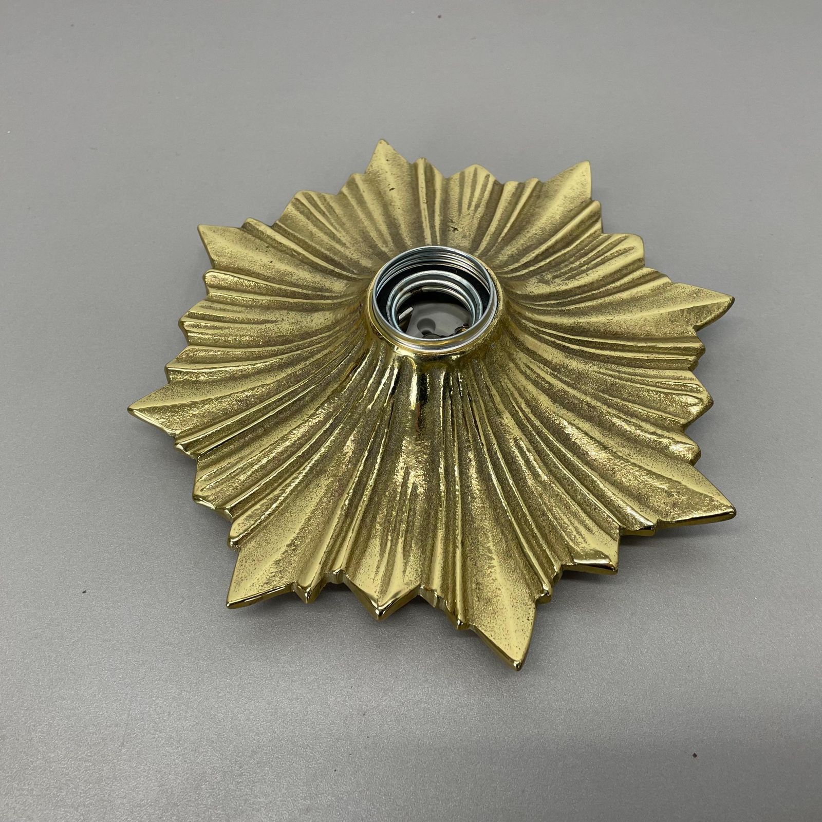 photo buy Set Of Three Brutalist Bronze Sunburst Wall Ceiling Light Sconces, Italy 1950s