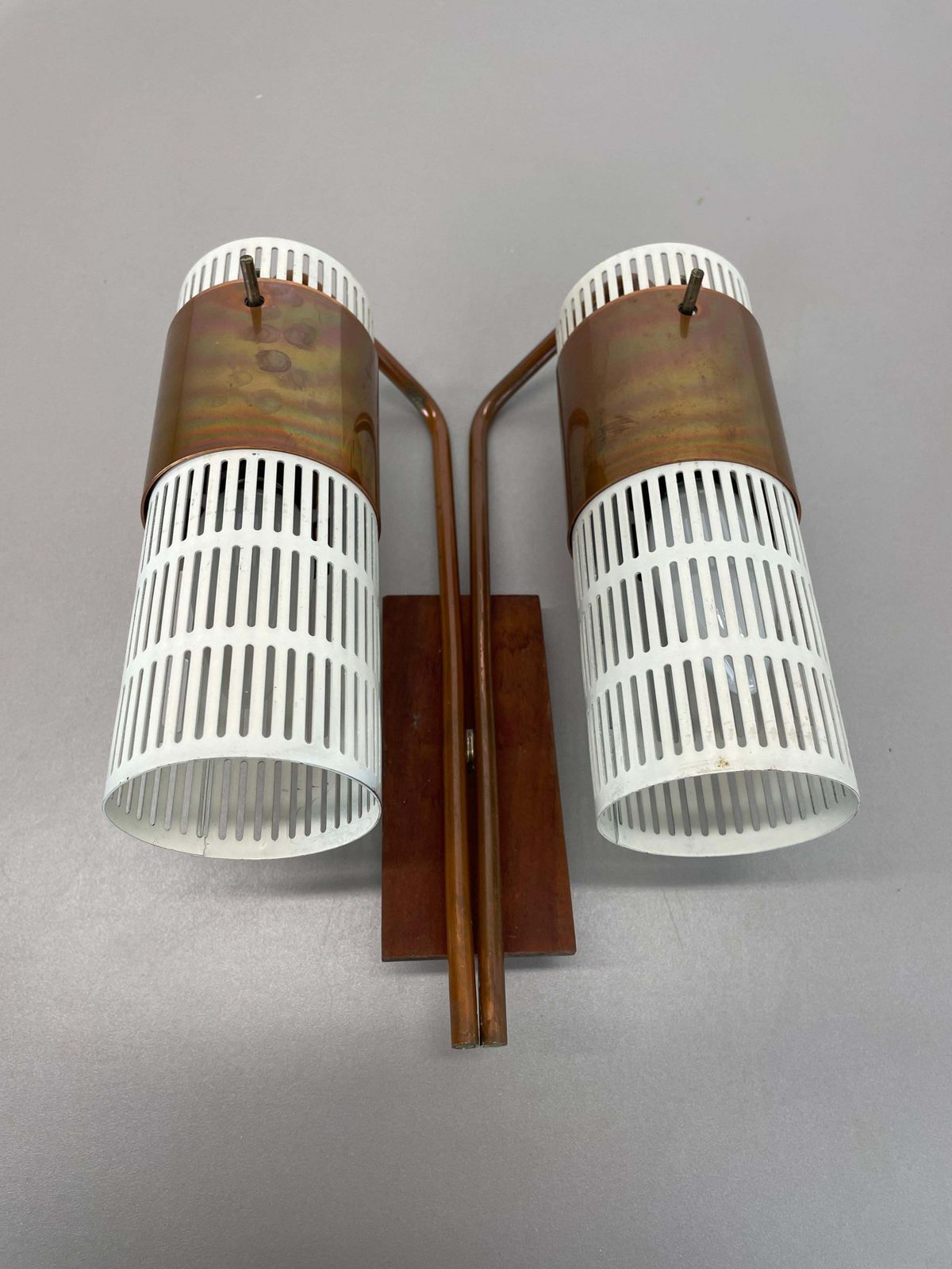 Minimalist Copper And Teak Tube Hole Pattern Wall Light, Denmark, 1970s photo furniture