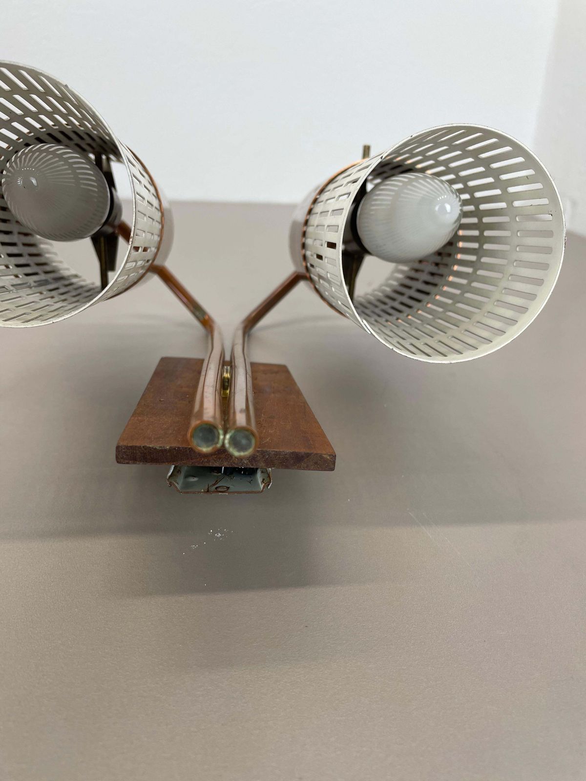 Lighting Minimalist Copper And Teak Tube Hole Pattern Wall Light, Denmark, 1970s photo