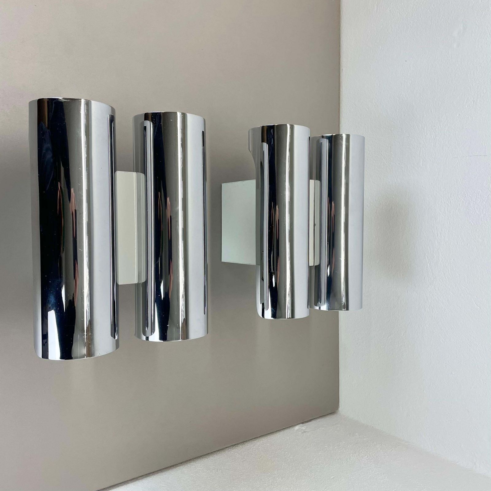 Set Of 2 Modernist Xxl 30cm Atomic Space Age Chromed Wall Lights, Germany 1970s photo furniture