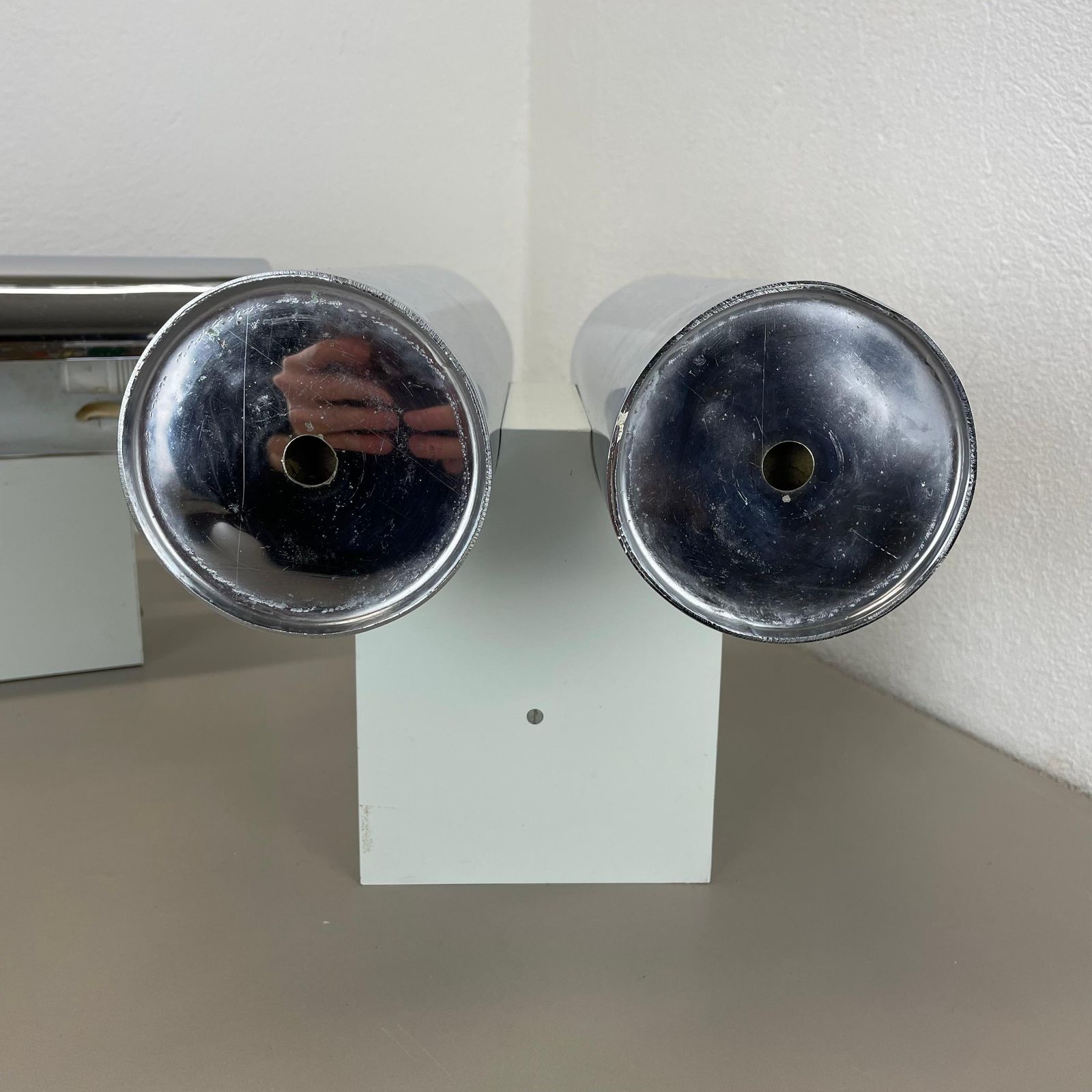 photo vinterior Set Of 2 Modernist Xxl 30cm Atomic Space Age Chromed Wall Lights, Germany 1970s