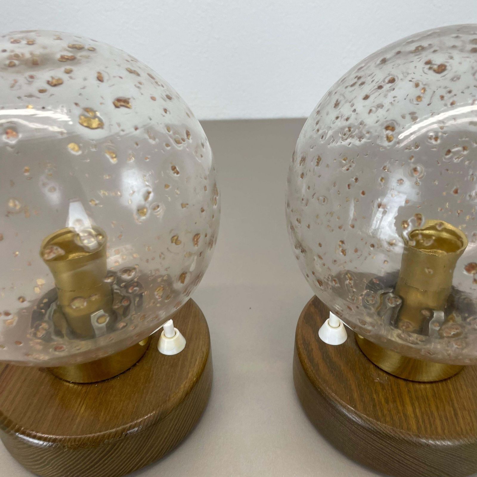 Set Of 2 Glass Ball And Oak Wooden Table Lights By Temde Lights, Germany 1970s photo Lighting