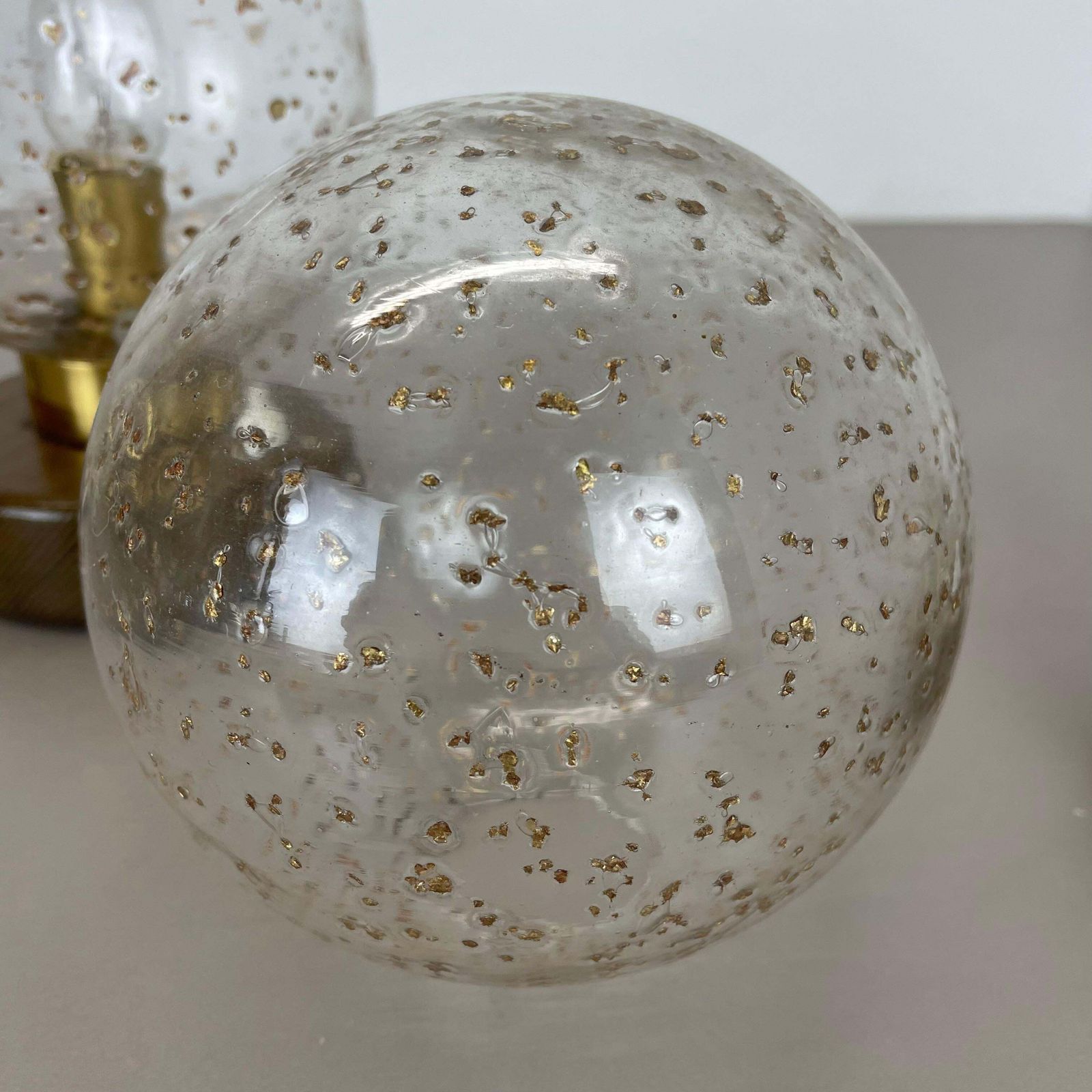 photo vinterior Set Of 2 Glass Ball And Oak Wooden Table Lights By Temde Lights, Germany 1970s