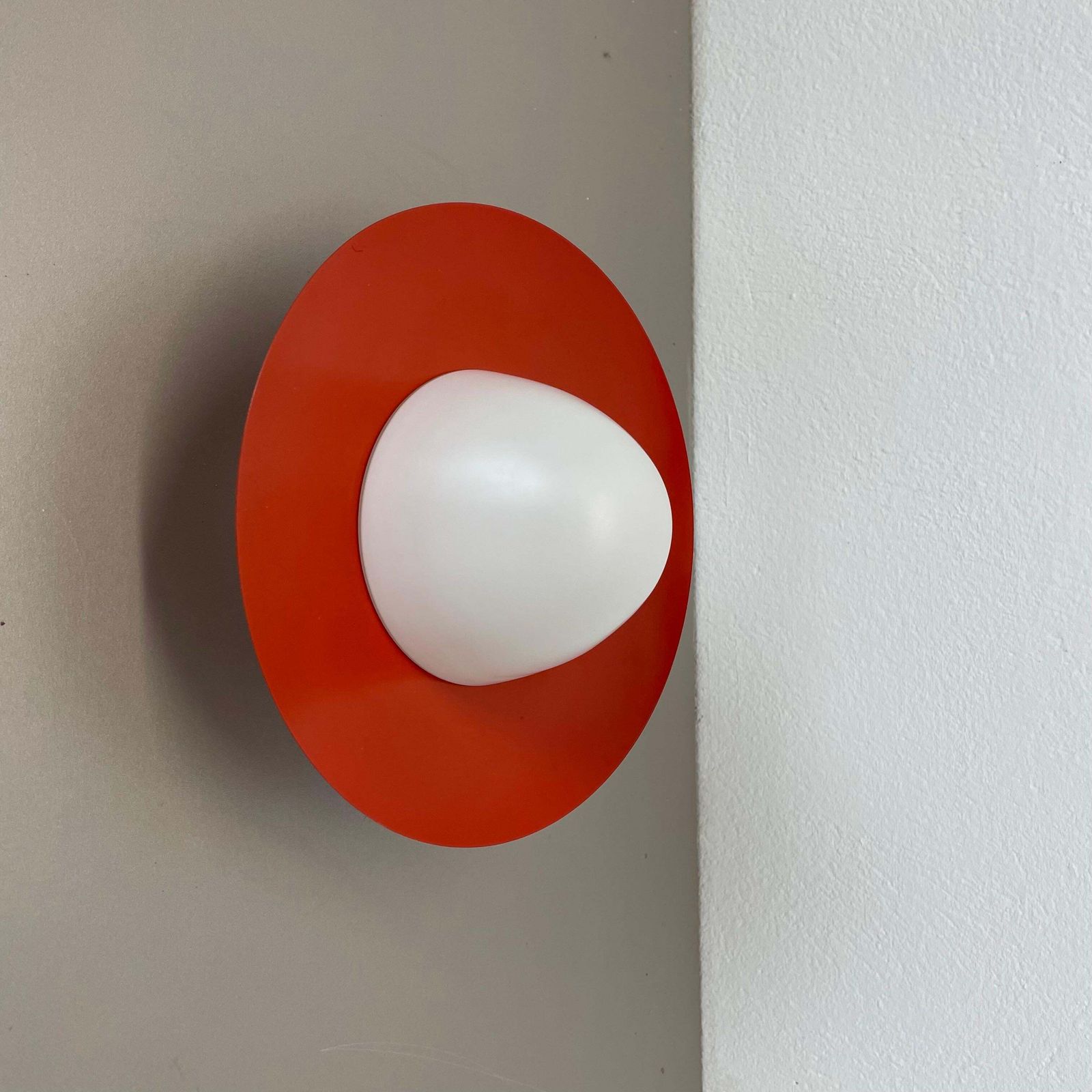 Red Round 20cm Stilnovo Style Metal Opaline Glass Wall Light, Italy, 1960s photo furniture
