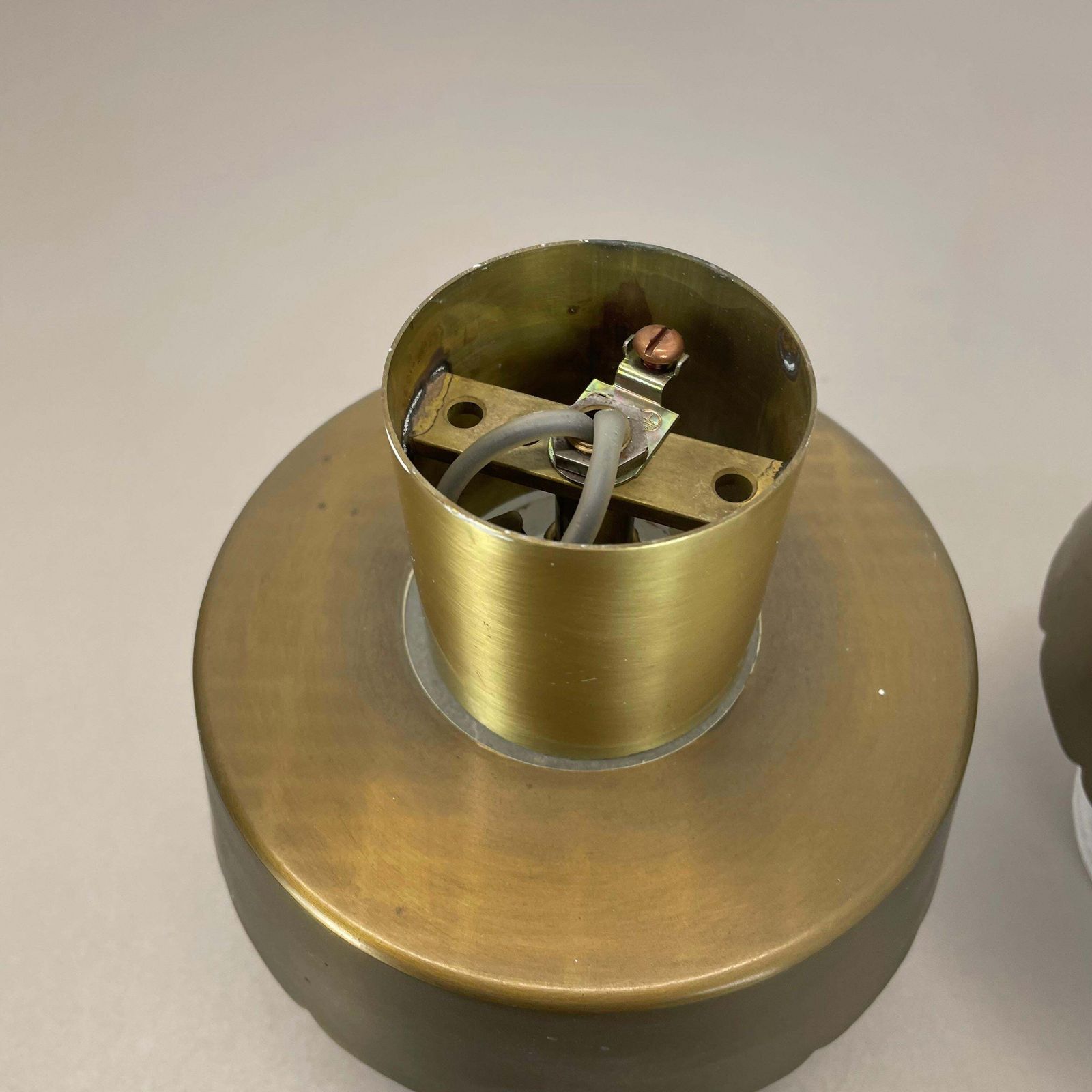 Set Of Two Minimalist Brass And Glass "Tube" Ceiling Light, Italy 1970s photo vinterior