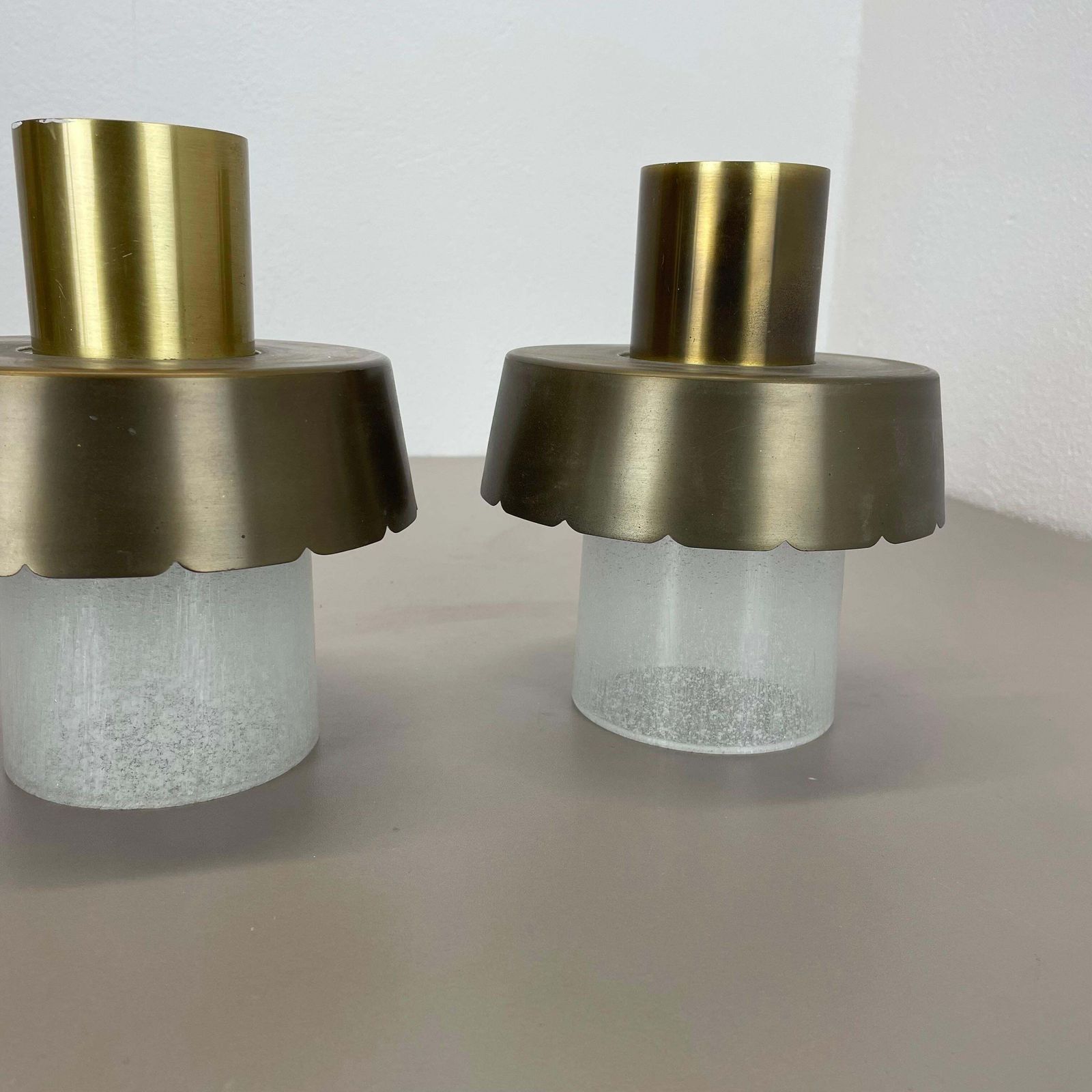 780.0 Set Of Two Minimalist Brass And Glass "Tube" Ceiling Light, Italy 1970s photo
