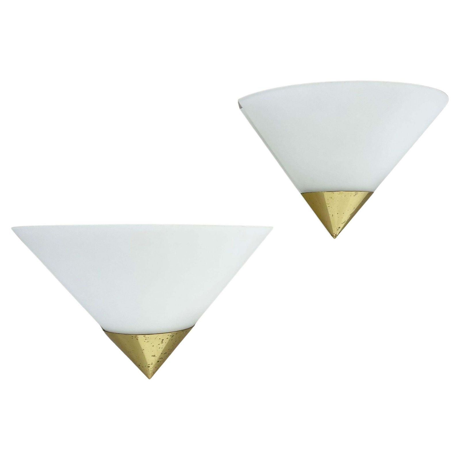 Set Of 2 Brass And Satin Glass Wall Lights By Glashütte Limburg, Germany, 1980s