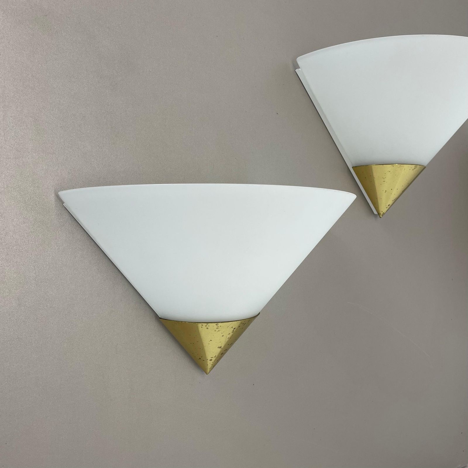 Set Of 2 Brass And Satin Glass Wall Lights By Glashütte Limburg, Germany, 1980s photo for sale