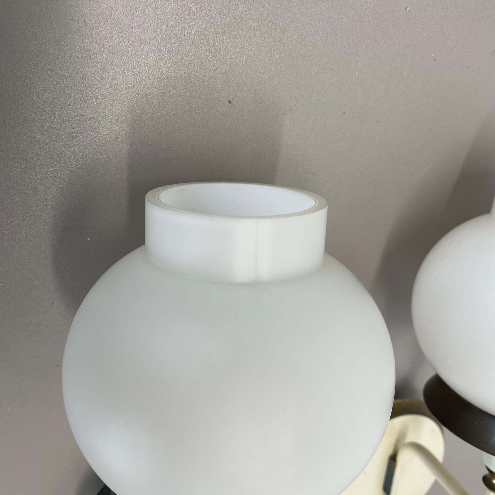 Set Of Two Brutalist Brass And White Glass Wall Light Sconces, France 1960s photo Lighting
