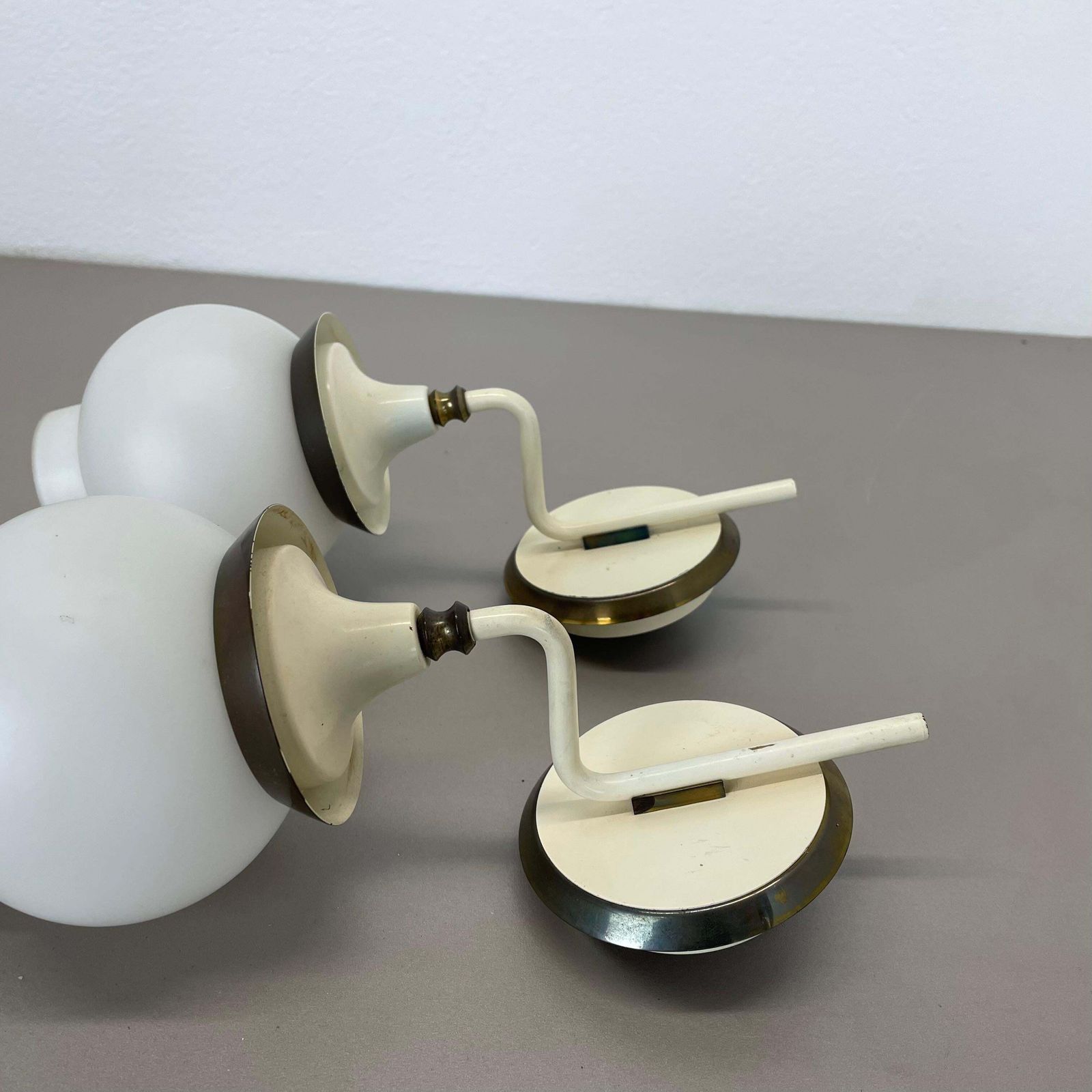 Lighting Set Of Two Brutalist Brass And White Glass Wall Light Sconces, France 1960s photo