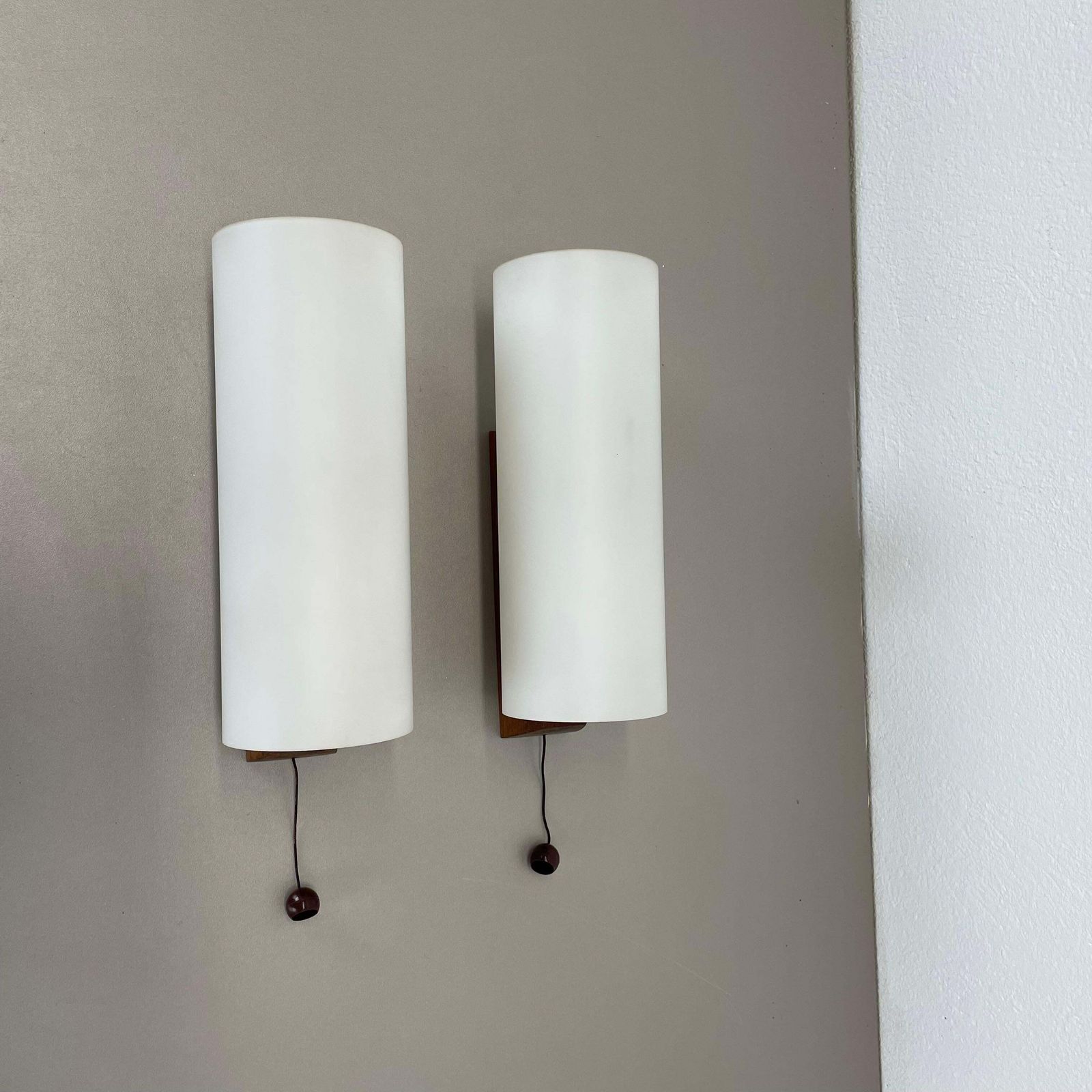 Set Of 2 Minimalist Satin White Glass And Teak Wall Light, Denmark, 1960s photo furniture