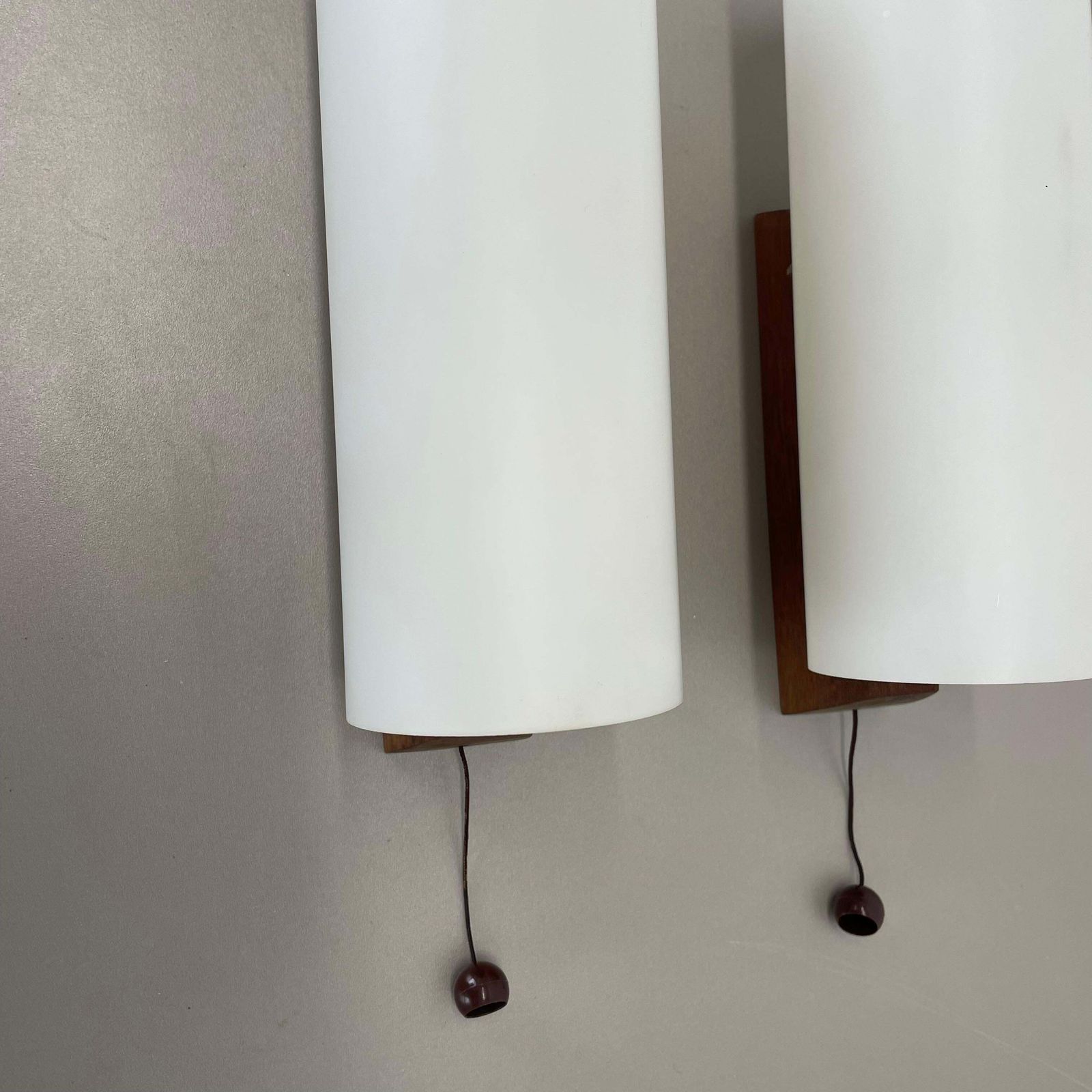 Set Of 2 Minimalist Satin White Glass And Teak Wall Light, Denmark, 1960s photo Lighting